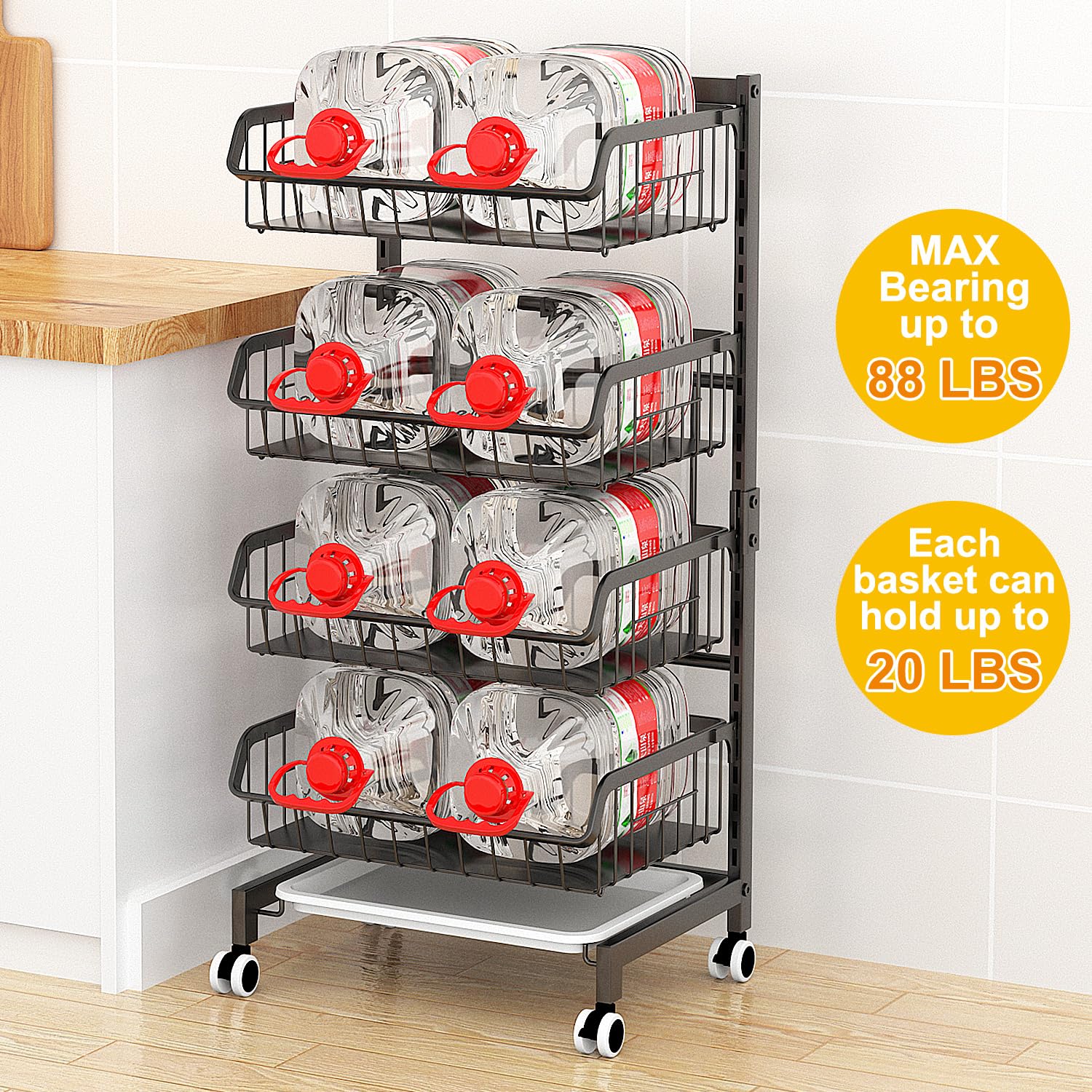 4-Tier Rolling Kitchen Cart with Wheels - Adjustable Metal Wire Storage Organizer for Fruits, Vegetables, Pantry & Utility Room - Black Snack Basket Rack (Handle Not Included) - Perfect for Small Spaces, Dorm Rooms & Kitchen Organization
