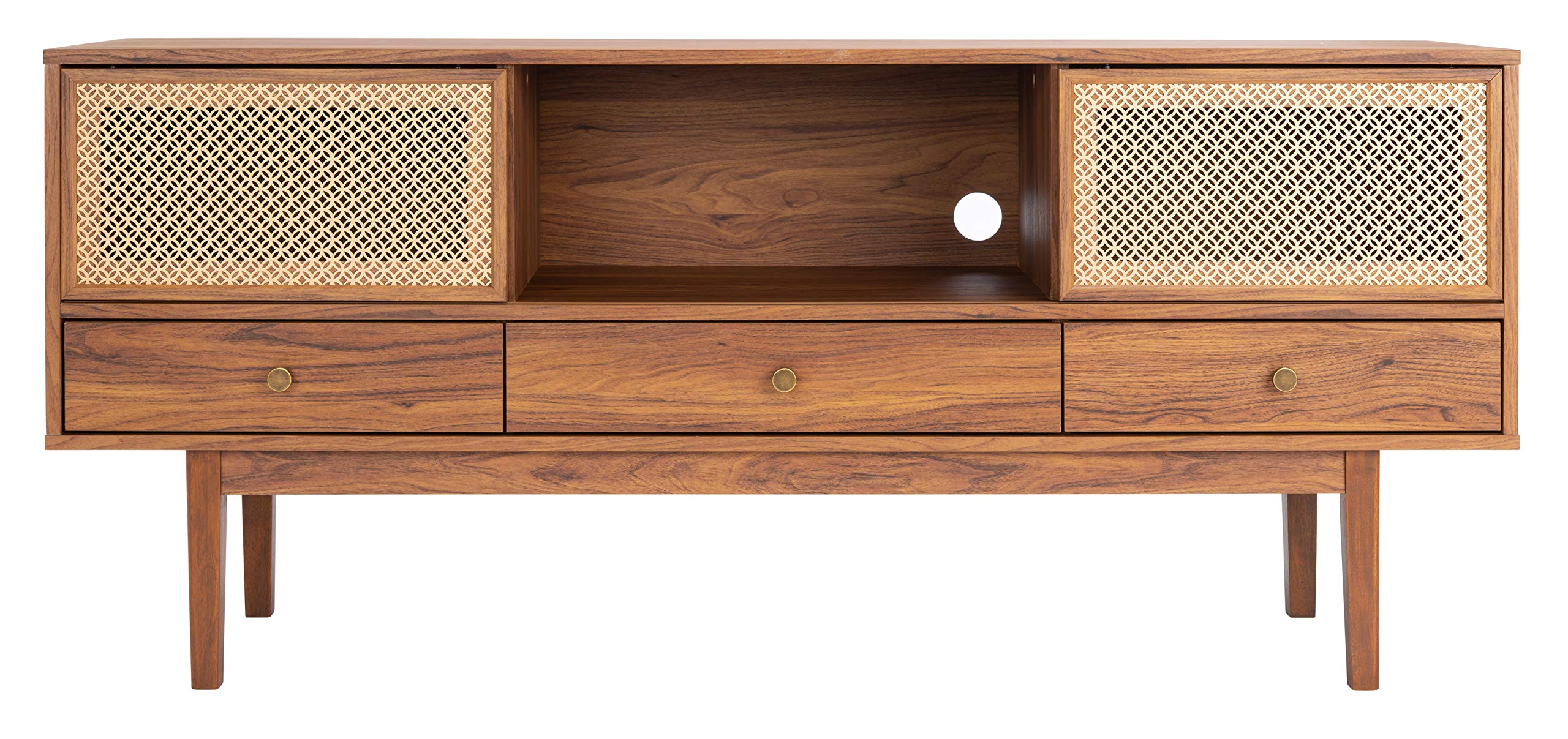 SAFAVIEH Home Collection Ceu Walnut and Gold 3-Drawer 1-Shelf TV Stand for Flat Screens up to 65 Inches - Modern Media Console for Living Room, Bedroom & Home Theater Storage