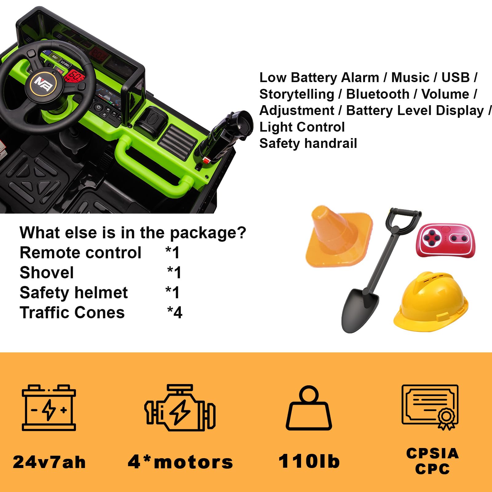 24V 2 Seater Kids Ride On Dump Truck with Remote Control - 4WD/2WD Electric Toy Car for Big Kids (5 MPH Max Speed) - Includes Dump Bed, Shovel & Traffic Cones - Perfect for Outdoor Play & Construction Pretend Play (Green)