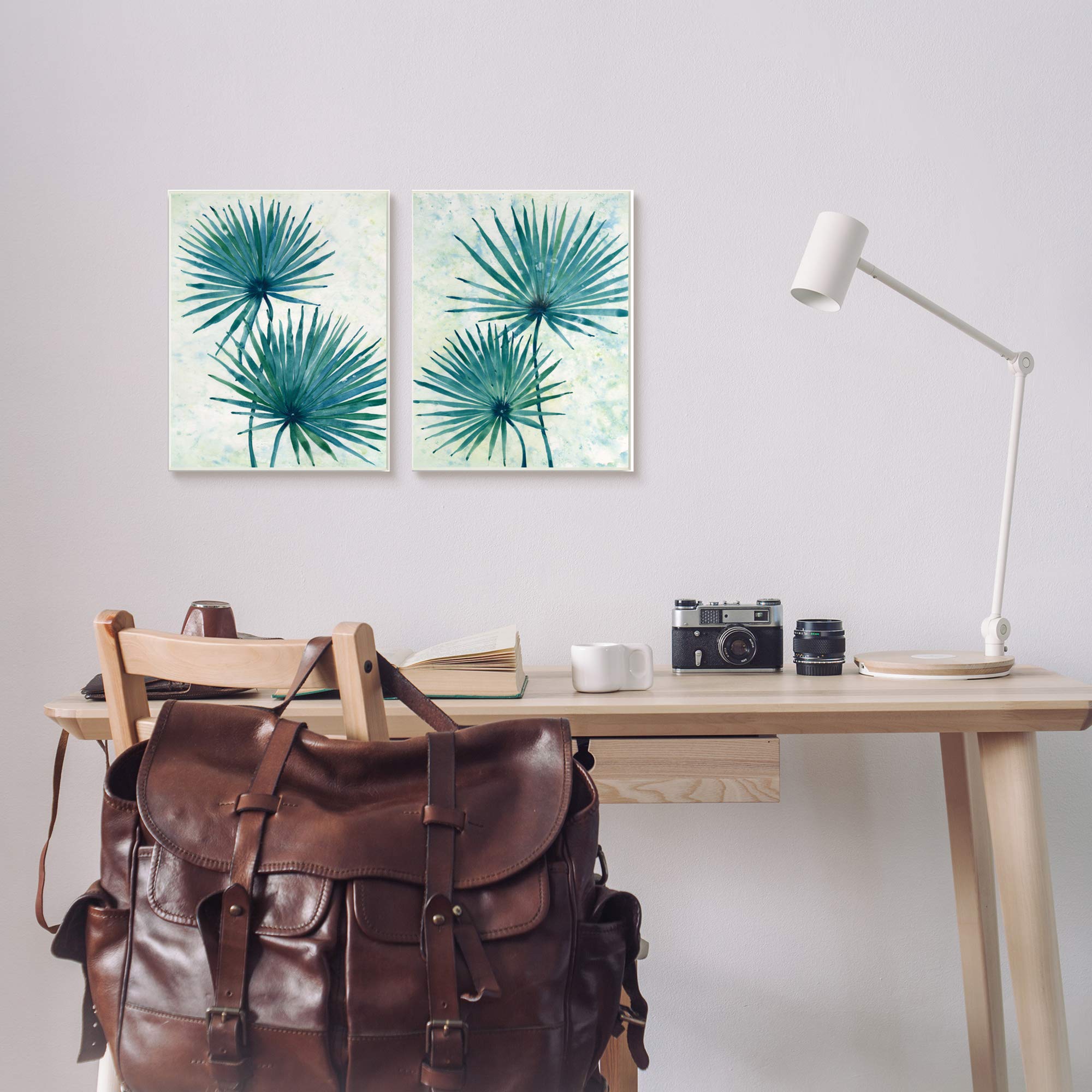 Stupell Industries Abstract Palm Fans Blue Green Silhouettes Wall Art Set - 2 Piece Canvas Prints 16x20 Inches by Tim Otoole - Tropical Home Decor for Living Room, Bedroom & Office