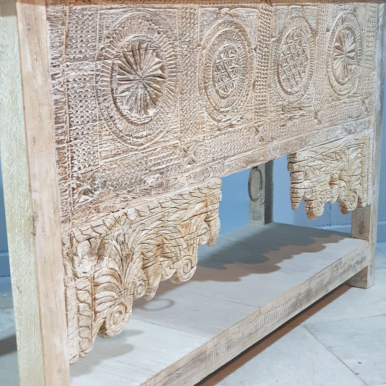 Handmade Carved Solid Hardwood Console Table 152x45x92cm Whitewashed - Entryway Sofa Table, Hallway Furniture, Farmhouse Living Room Decor