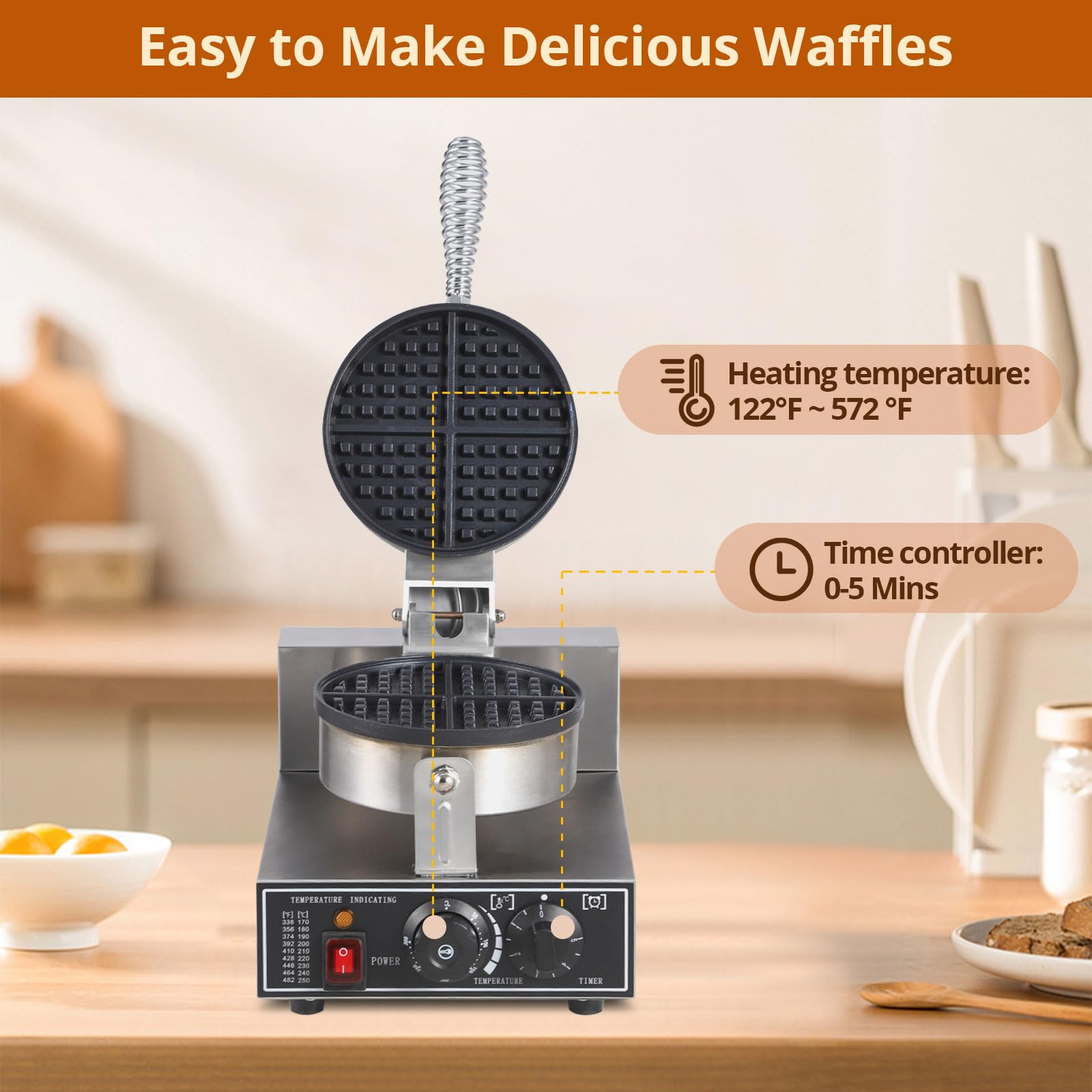 Commercial Waffle Maker 1300W - Round Non-Stick Waffle Iron with Rotatable Plates, 50°C-300°C Adjustable Temperature, Stainless Steel Restaurant Waffle Machine 110V - Perfect for Breakfast Cafes, Hotels, and Brunch Restaurants