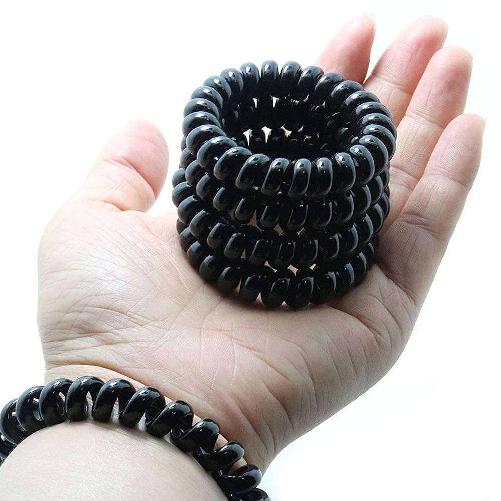 EPARTY 6-Pack Black Spiral Hair Ties - No Crease Traceless Elastic Coil Hair Bands | Phone Cord Style Waterproof Hair Coils for Women & Girls (Black) - Perfect for Workouts, Yoga, Swimming & Everyday Hairstyles
