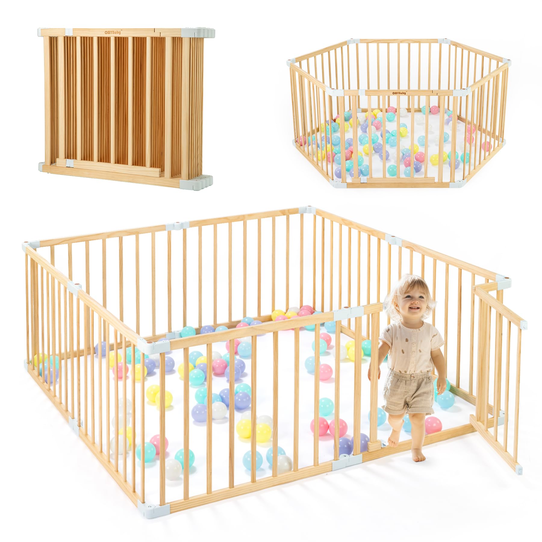 **Wooden Baby Playpen with Door - Expandable & Adjustable Toddler Play Yard, Safe Play Area for Kids Indoor & Outdoor (26