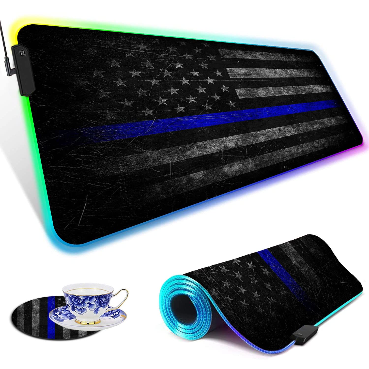 RGB LED Gaming Mouse Pad - Large Non-Slip Desk Mat with Vintage Blue American Flag Design | Waterproof Keyboard & Mouse Pad for PC, Mac, Laptop | Perfect for Gaming, Office & Home Workspace Setup