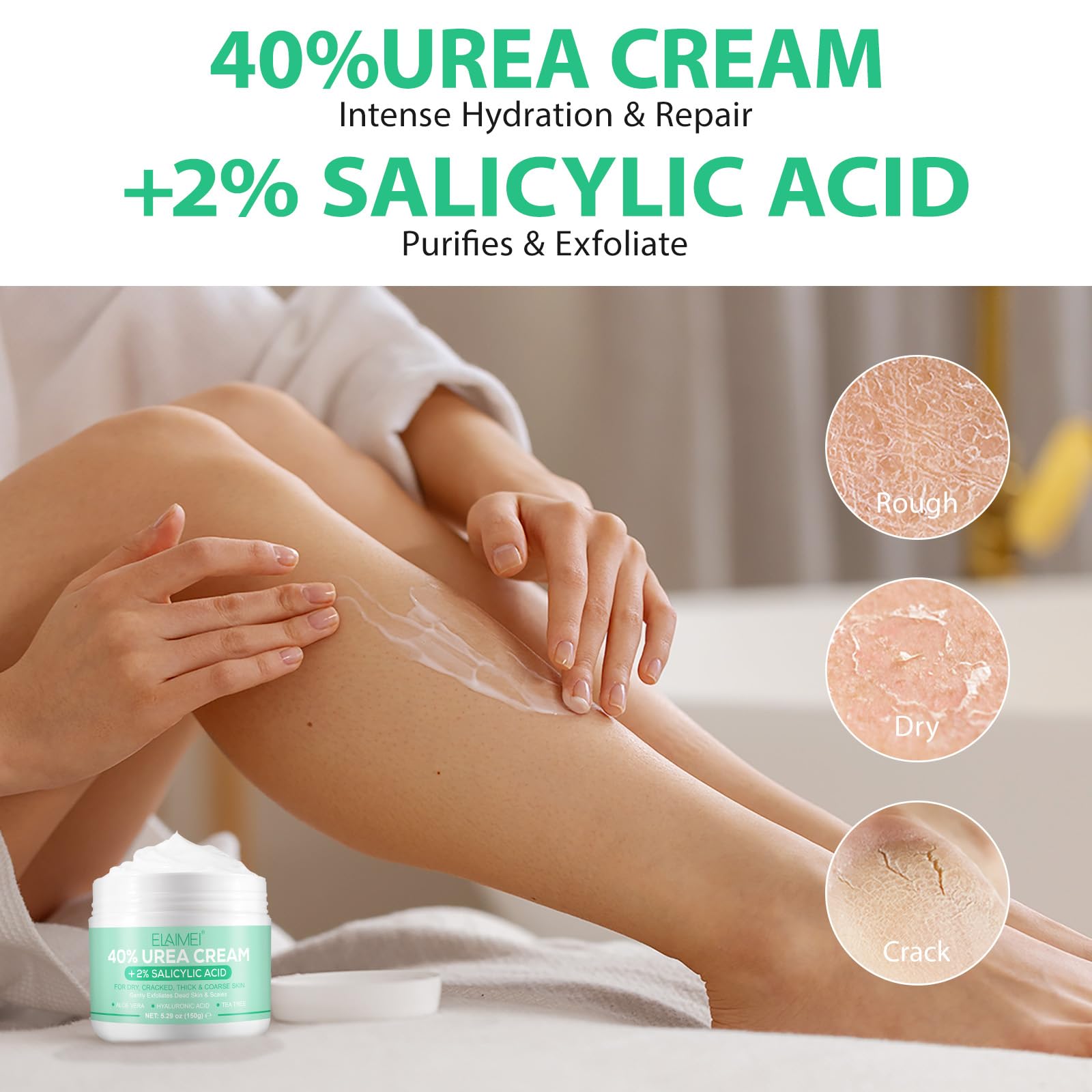 40% Urea Cream for Feet & Hands - Maximum Strength Foot Cream with 2% Salicylic Acid, Hyaluronic Acid, Tea Tree & Aloe Vera - 5.29 oz (150g) - Deep Moisturizing Treatment for Cracked Heels, Dry Skin & Calluses - Ideal for Daily Foot Care & Pedicures