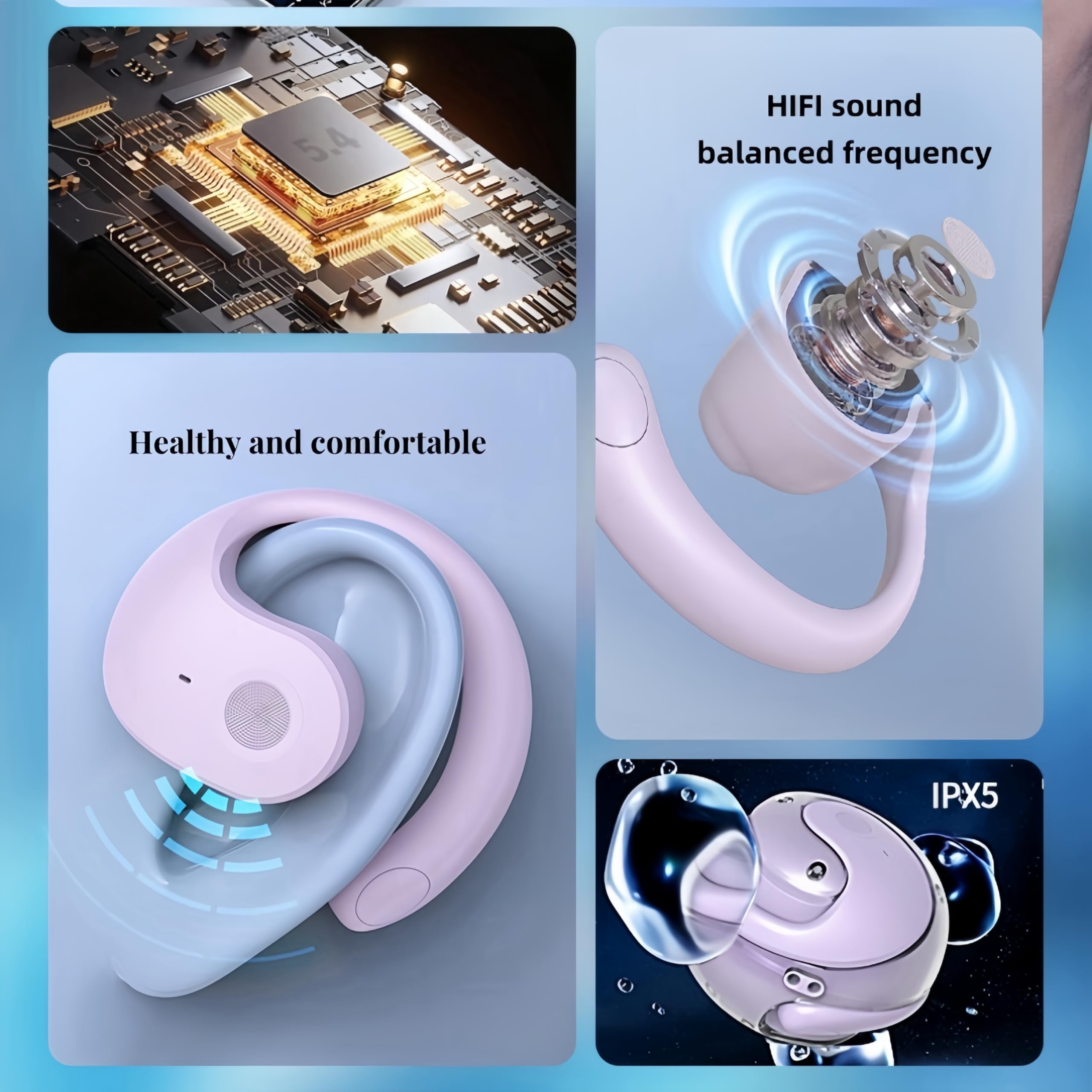 Newalker Open Ear Bluetooth 5.4 Wireless Sports Headphones - 48H Playtime with Digital Display Charging Case, Secure Earhook Design for Running, Walking, Gym Workouts - Sweatproof Lightweight Earbuds (Purple) | Perfect for Outdoor Activities, Commuting & Fitness Enthusiasts
