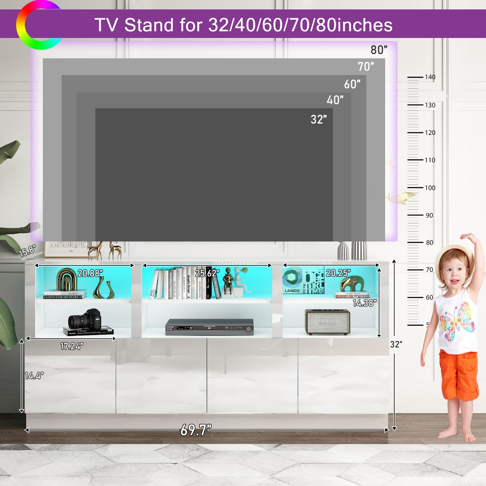 Modern White TV Stand for 65/75/80/85 Inch TVs with RGB LED Lights - 32