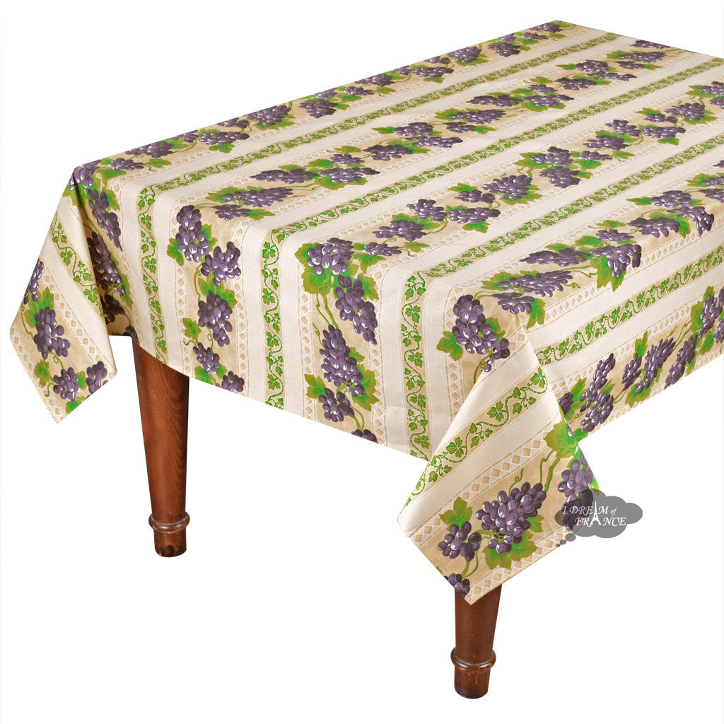 Le Cluny 60x120 Inch Rectangular Grapes Cream Acrylic Coated Cotton Tablecloth - French Provence Style for Dining Room, Kitchen, and Outdoor Picnic Decor
