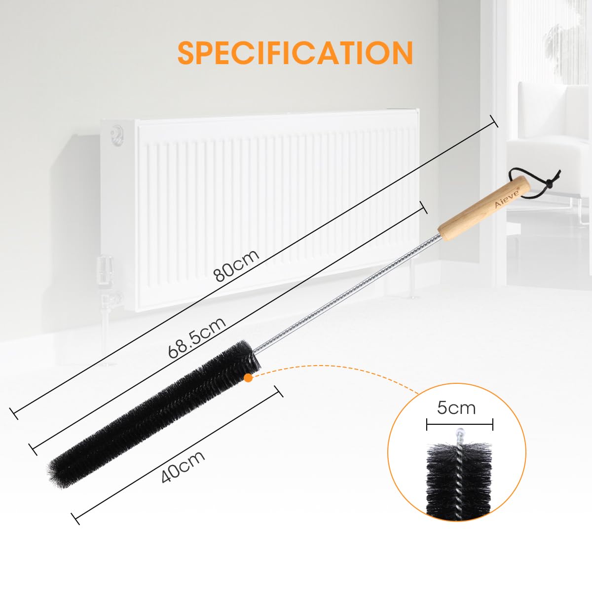 Aieve 80CM Flexible Radiator Cleaning Brush with Wood Handle - Long Duster for Heater, Dryer Lint, Washing Machine & Hard-to-Reach Areas - Perfect for Home Cleaning and Appliance Maintenance