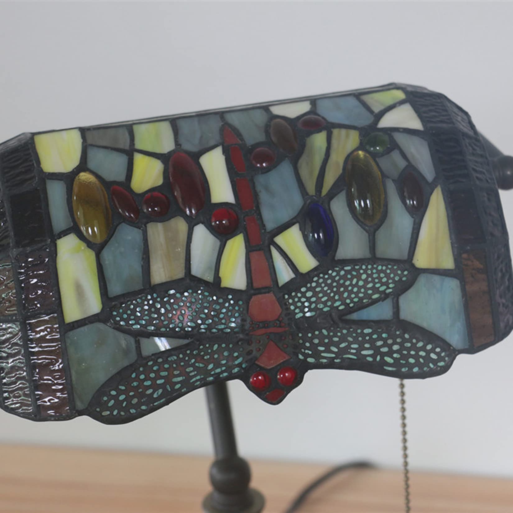 Vintage Tiffany Style Bankers Table Lamp - Stained Glass Piano Desk Lamp with Antique Alloy Base & Zipper Switch - Dragonfly Design for Bedroom, Study, Office & Living Room Lighting