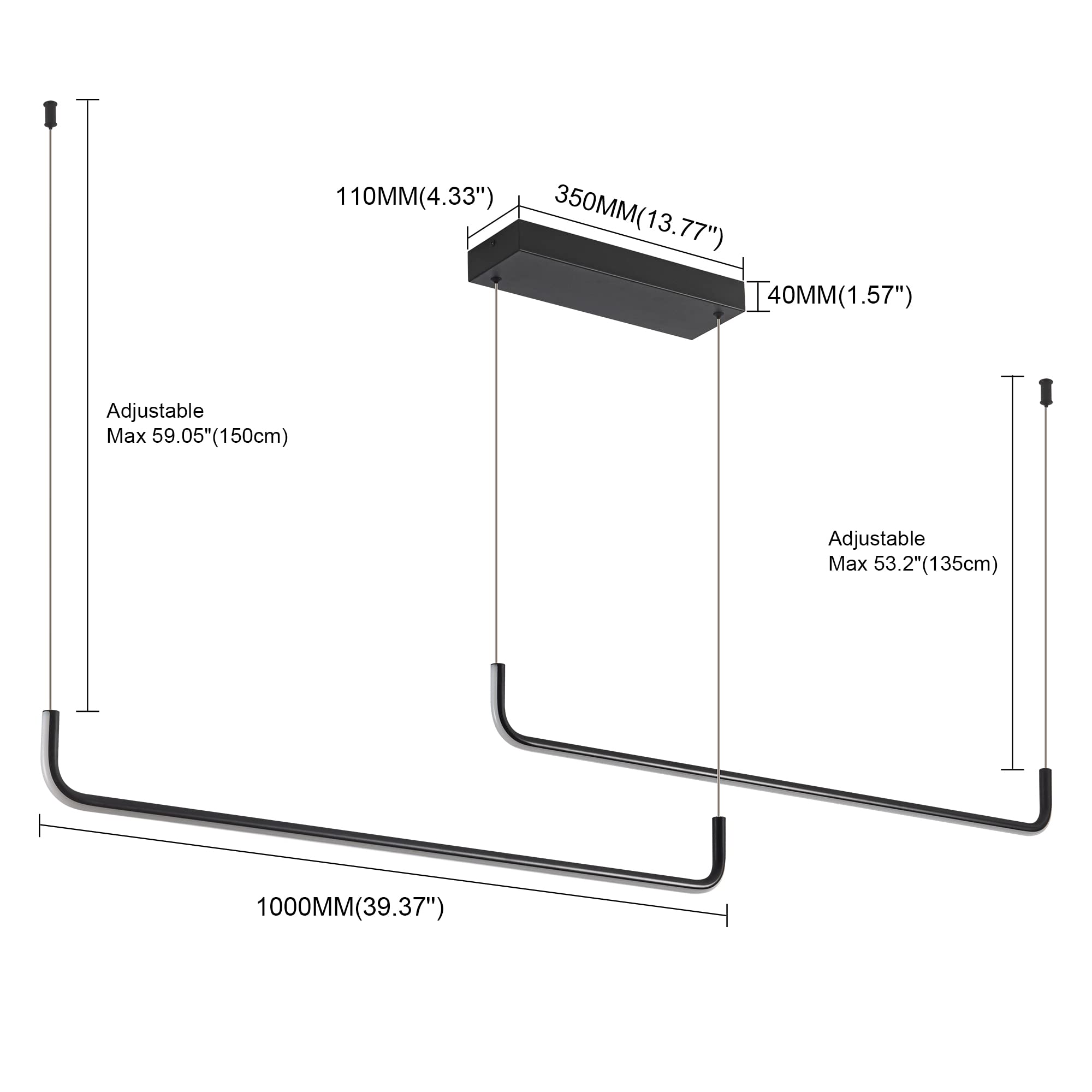 2 Pack Modern Black Linear Pendant Lights - 39.37