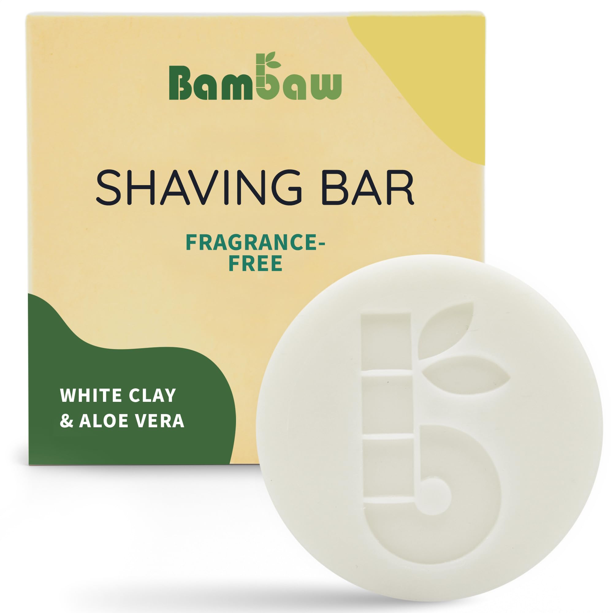 Bambaw Organic Shaving Soap Bar for Sensitive Skin - 2.8 oz Unscented Vegan Shave Puck with White Clay & Aloe Vera - Perfect for Travel, Camping & Eco-Friendly Grooming Routine