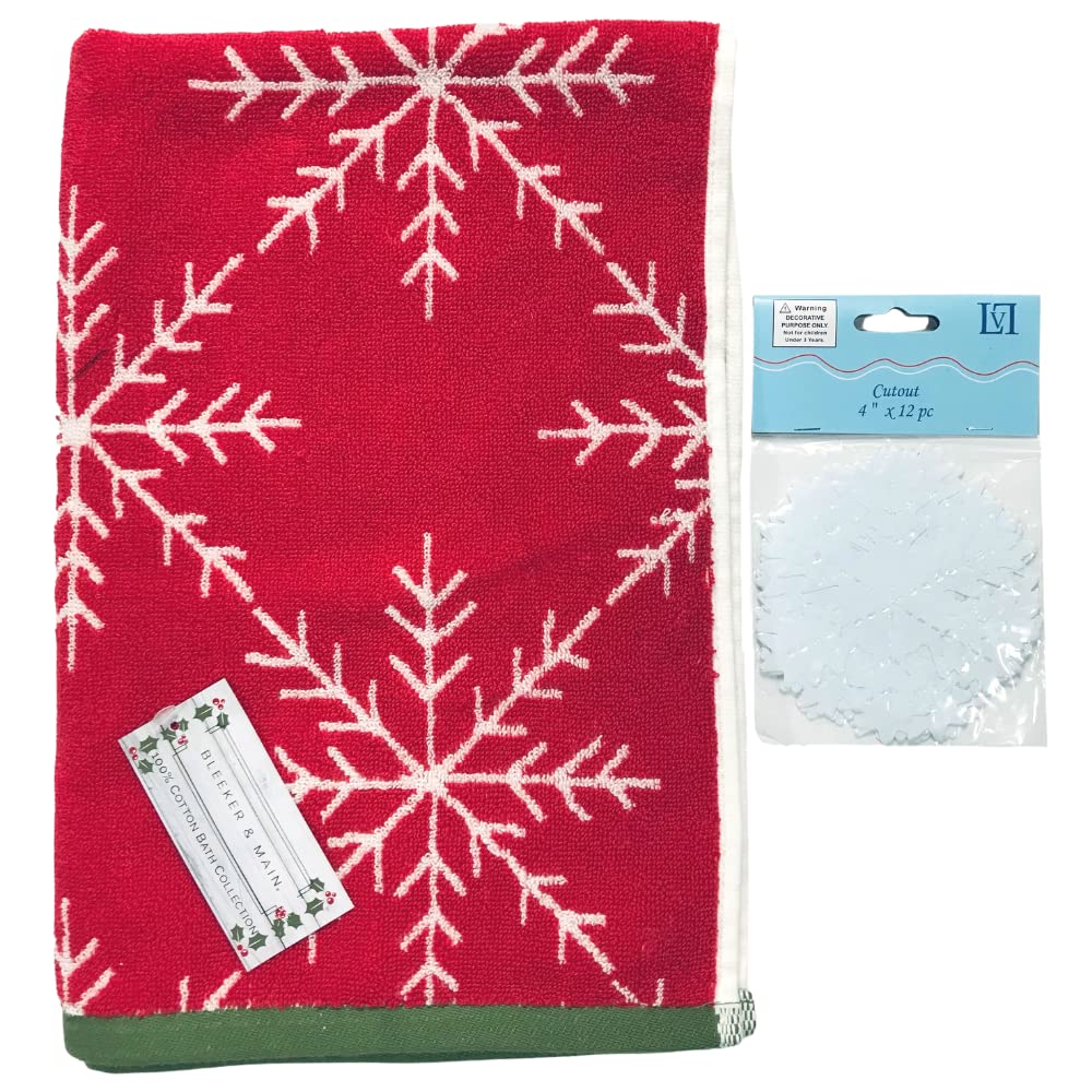 Christmas Holiday Guest Hand Towels - Red White Reversible Snowflake Design with Green Border, 28