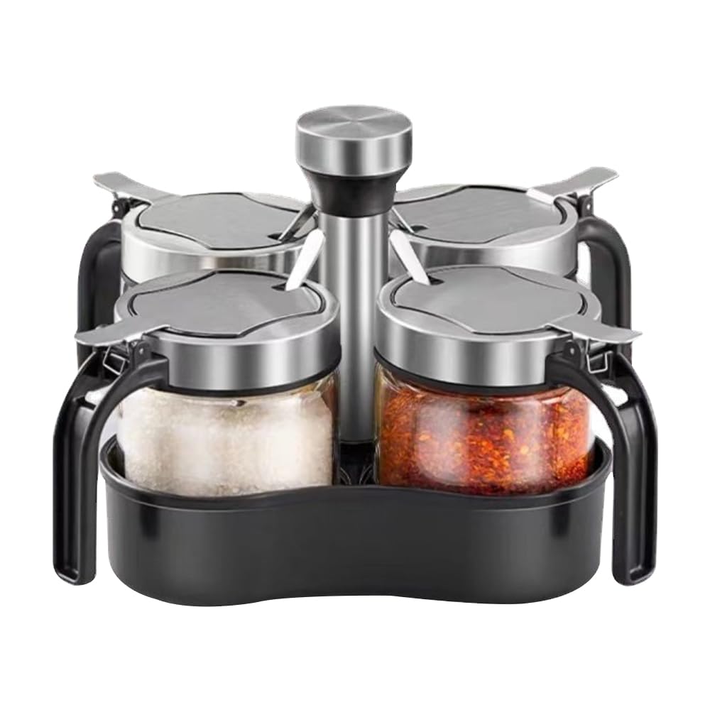 TINMIX 4-Piece Revolving Condiment Set - Sugar Bowl, Salt & Pepper Shakers with Lids & Spoons, 360° Rotating Spice Jar Holder for Kitchen - Perfect for Dining Tables, Restaurants, and Home Cooking