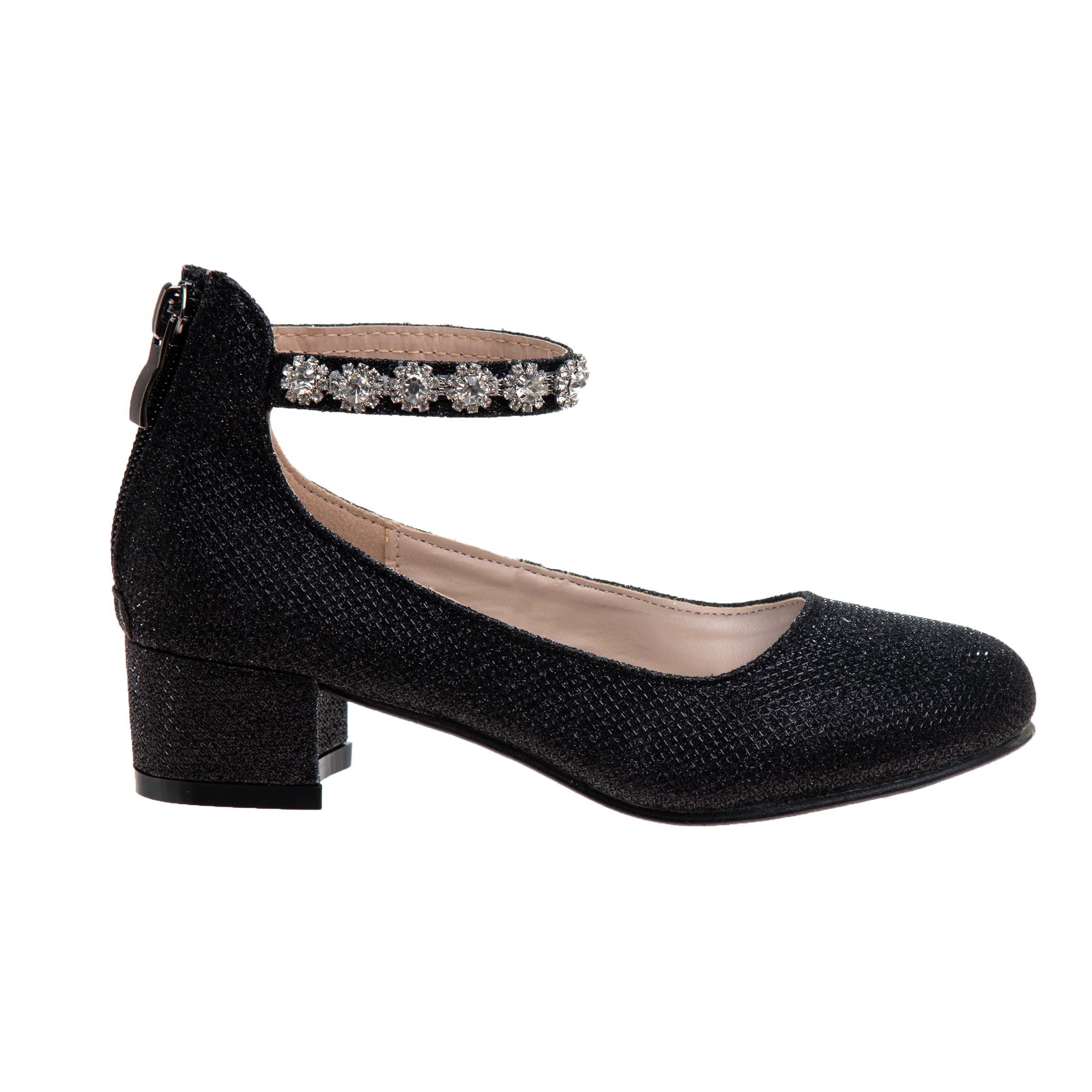 Badgley Mischka Girls Dress Party Pumps - Medium Heel Closed Toe Ankle Strap High Heels for Girls (Black/Silver/Champagne/Rose Gold) - Perfect for Weddings, Prom, Pageants & Special Occasions - Sizes 11-13 Little Kid/1-5 Big Kid