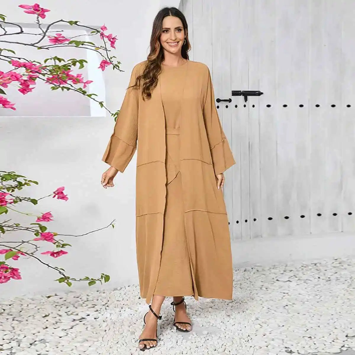 10 Color Options 3-Piece Wrinkled Abaya Dress Set - Outer Abaya, Mid Wrap & Sleeveless Inner Dress | Modest Islamic Fashion for Prayer, Eid & Special Occasions