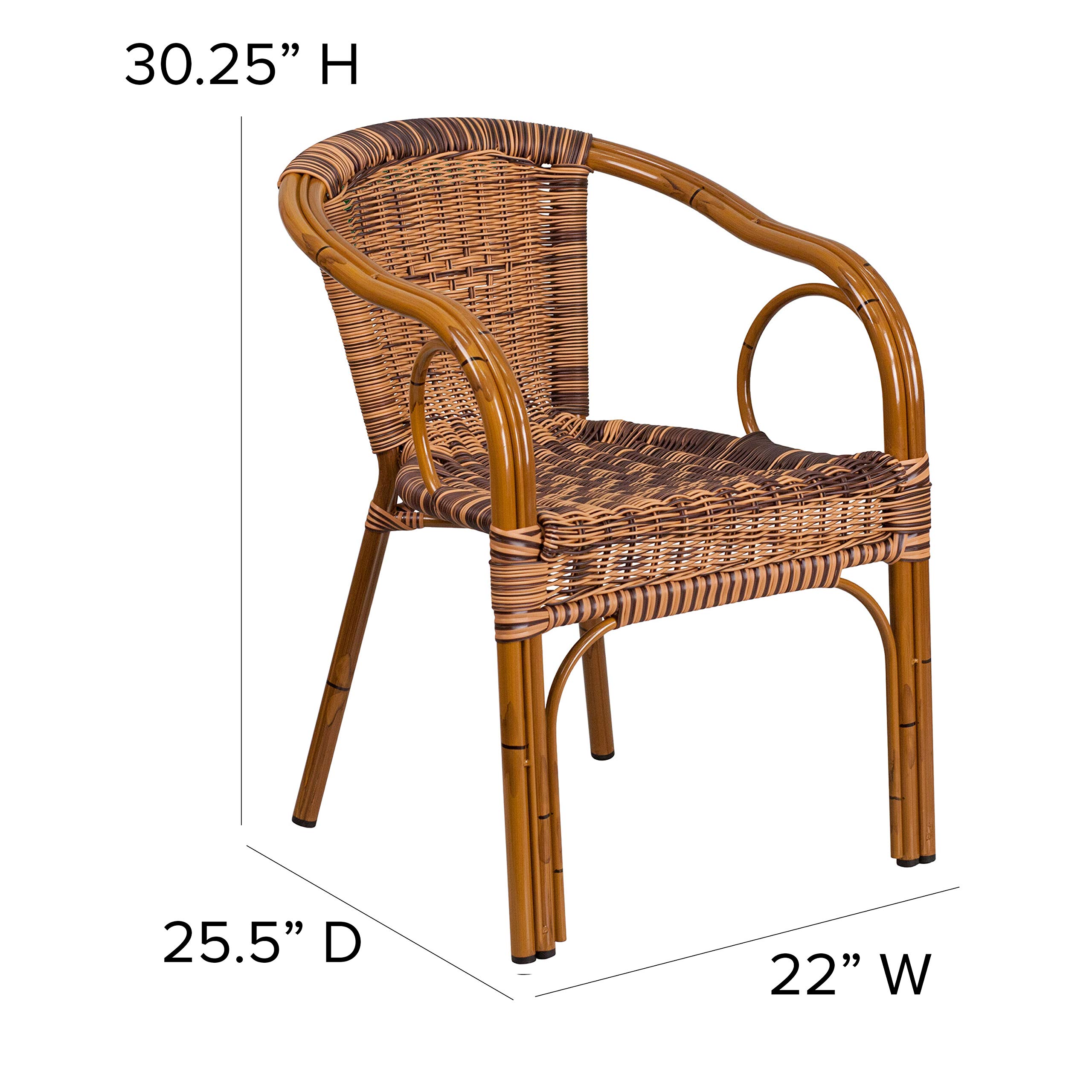 EMMA + OLIVER Brown Rattan Patio Chair with Dark Red Bamboo-Aluminum Frame - Outdoor Dining, Poolside Relaxation, Garden Decor, Backyard Furniture for Patio, Deck or Balcony