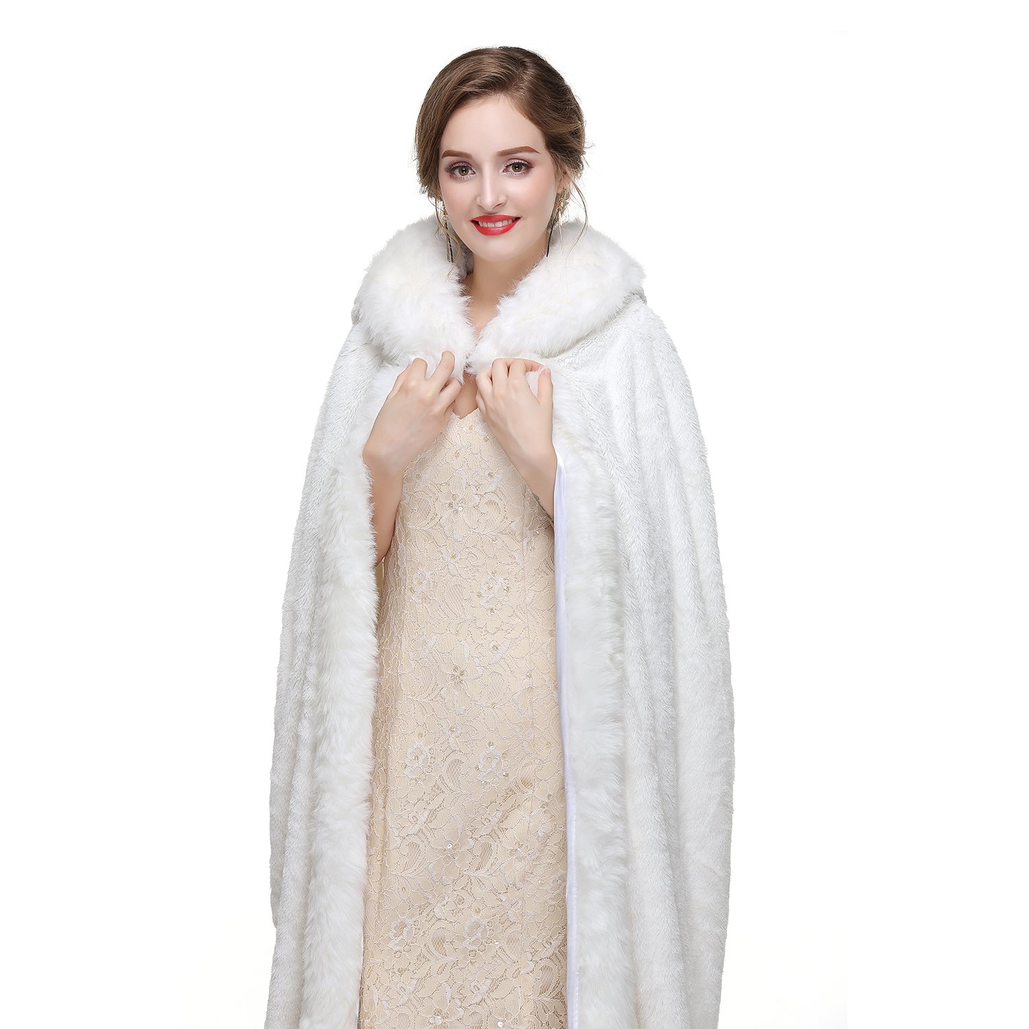 Elegant White Hooded Bridal Cape - Winter Wedding Cloak for Women, Medium Size, Warm Fleece Lining - Perfect for Outdoor Ceremonies, Photoshoots & Cold Weather Receptions