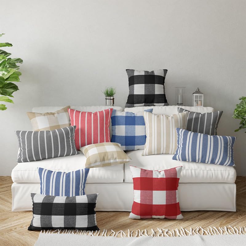 Encasa XO Farmhouse Throw Pillow Covers Set of 2 - 18x18 Inch Buffalo Blue Checkered & Striped Decorative Cushion Covers (No Inserts) for Living Room, Sofa, Couch, Bedroom - Cozy Home Decor Accent