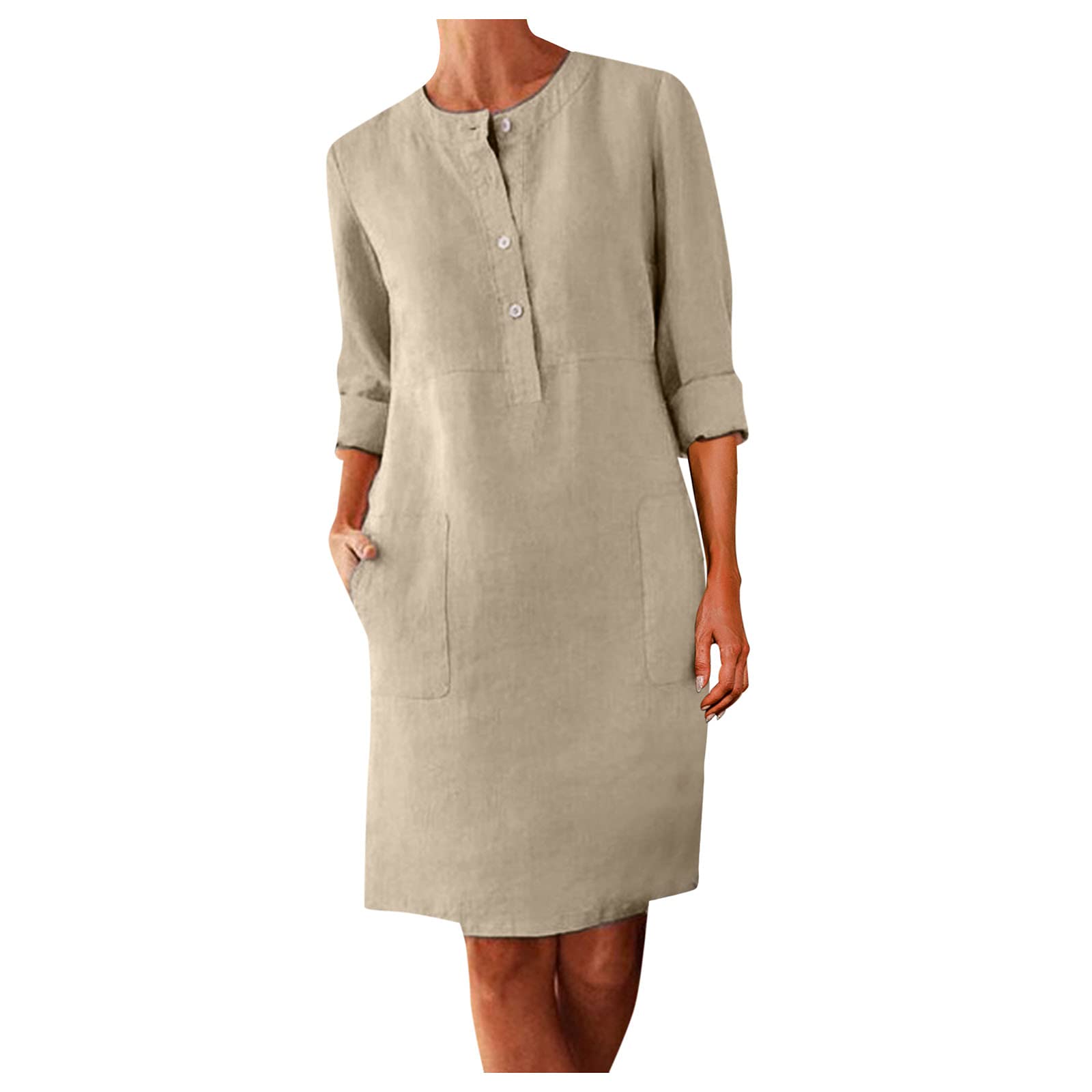 YunZyun Women's Maxi Dress - Round Neck Knee-Length Linen Boho Casual Loose Button Dress for Summer, Beach, Party & Everyday Wear