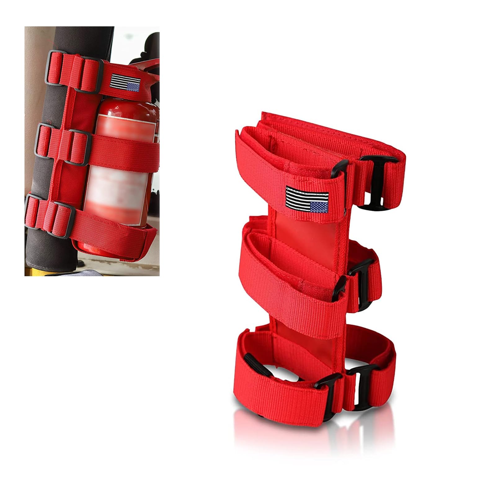 ZKFAR Adjustable Fire Extinguisher Holder with American Flag Design - Universal Roll Bar Mount for Jeep Wrangler 1965-2022 (JK, JKU, TJ, CJ, Gladiator) - Red - Perfect for Off-Road Adventures & Emergency Preparedness