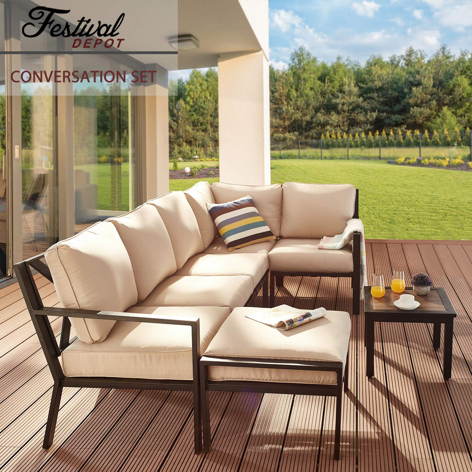 7-Piece Outdoor Patio Conversation Set - All-Weather Black Loveseat Sectional Sofa with Coffee Table & Removable Beige Cushions - Perfect for Backyard, Garden, Poolside & Deck Relaxation