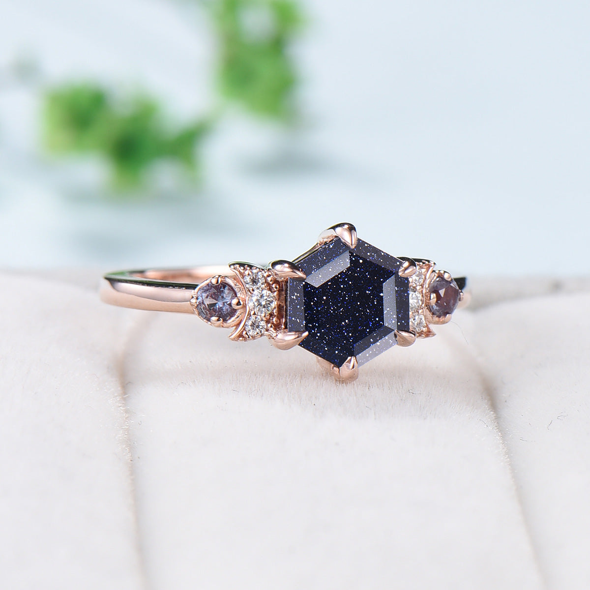 Hexagon Cut Blue Sandstone Engagement Ring - Vintage Celestial Moon & Starry Sky Design, Unique Galaxy Wedding Band for Women - Perfect Proposal Gift for Romantic Occasions & Anniversary Celebrations