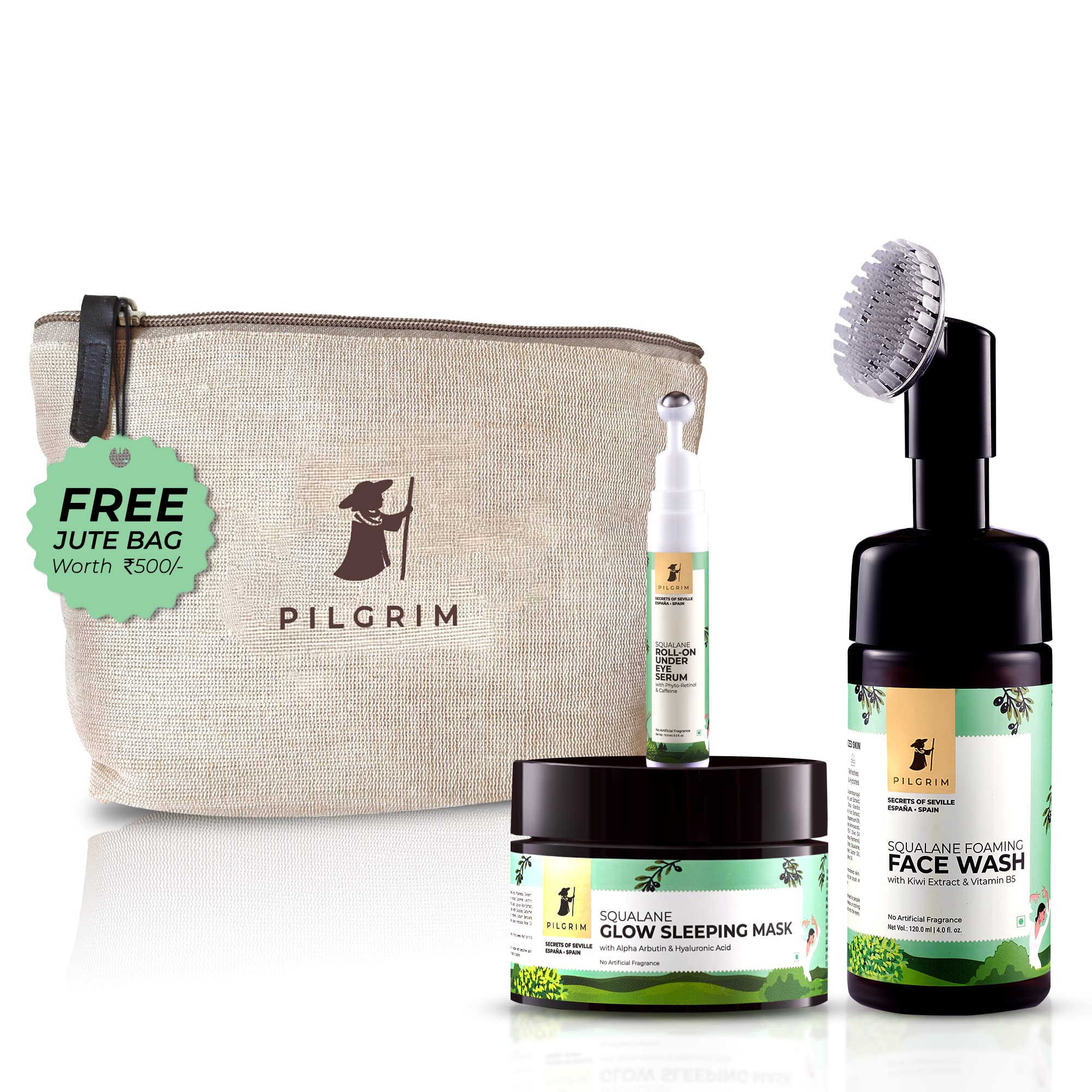 Pilgrim Squalane Night Skincare Set - Foaming Face Wash with Brush (120ml), Roll-on Under Eye Serum (15ml), Glow Sleeping Mask (50g) | Hydrating Facial Kit for Men & Women | Perfect for Nighttime Routine & Travel Skincare | Free Jute Bag Included