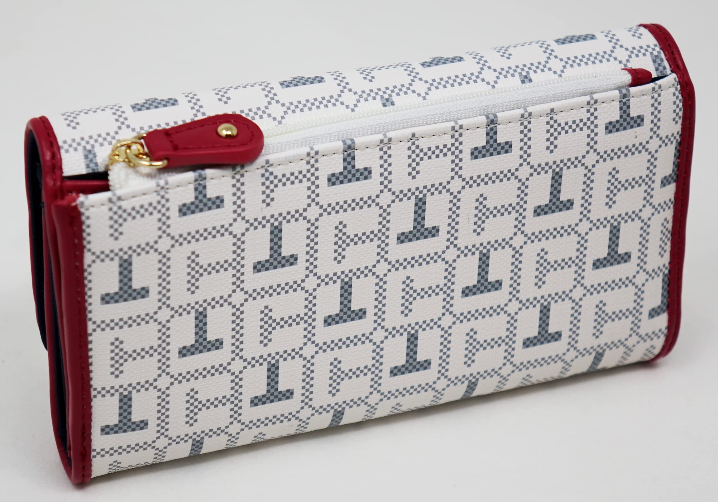 Tommy Hilfiger Women's Checkbook Wallet Clutch Bag - White, Gray & Red Coated Canvas with Logo | Perfect for Everyday Use, Travel & Special Occasions