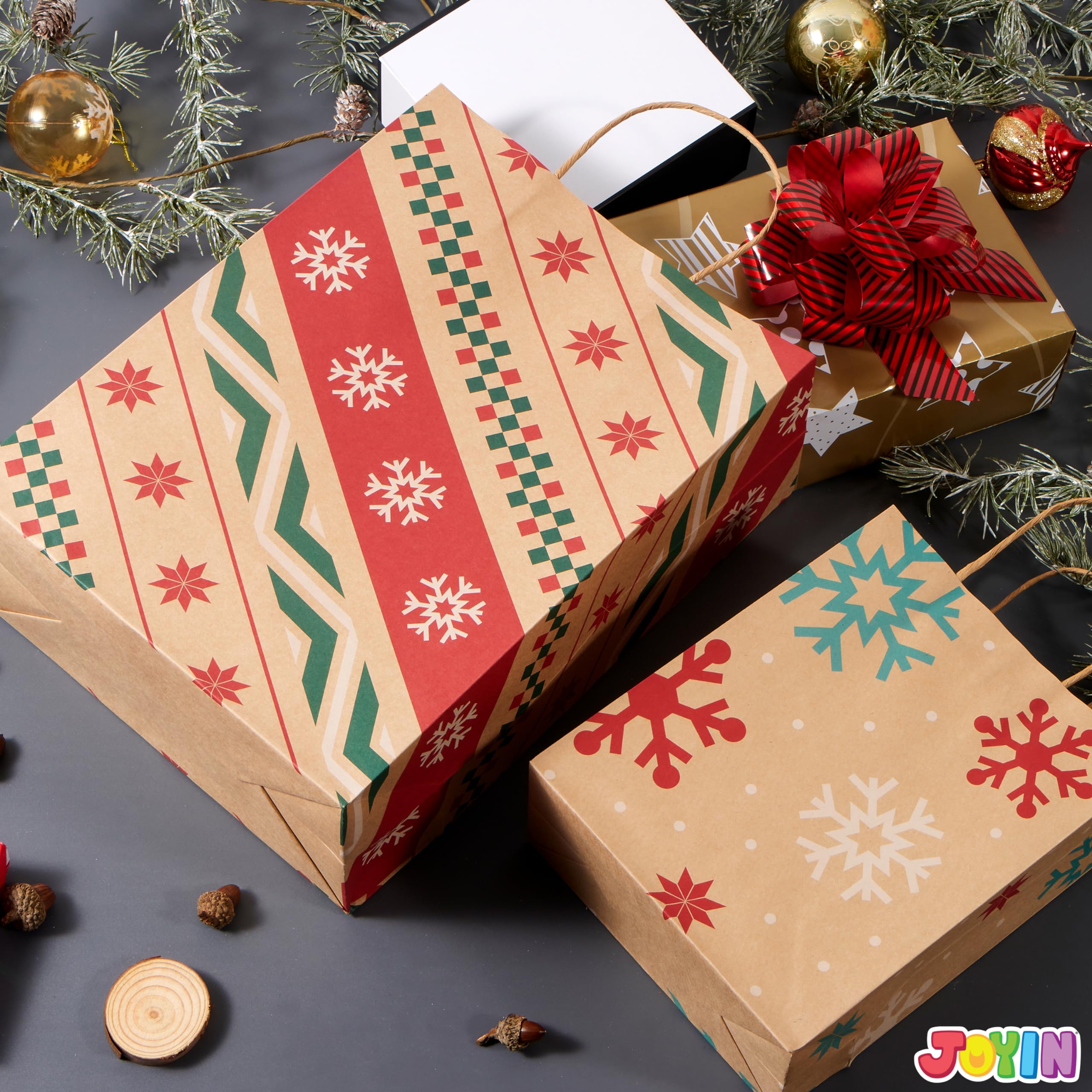 JOYIN 24 PCS Christmas Kraft Gift Bags - Festive Holiday Xmas Paper Gift Bags for Classroom, Party Favors & Christmas Presents | Perfect for Holiday Gifting, School Events & Christmas Party Decorations