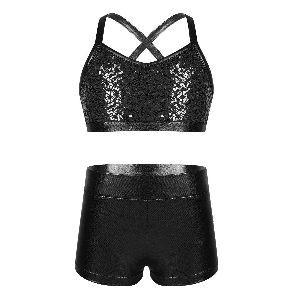 Girls Dance Outfit Set - Sequin Strappy Crop Top & Shiny Metallic Shorts for Hip Hop, Jazz, Ballet | Kids Performance Costume for Dance Class, Competition & Stage Shows