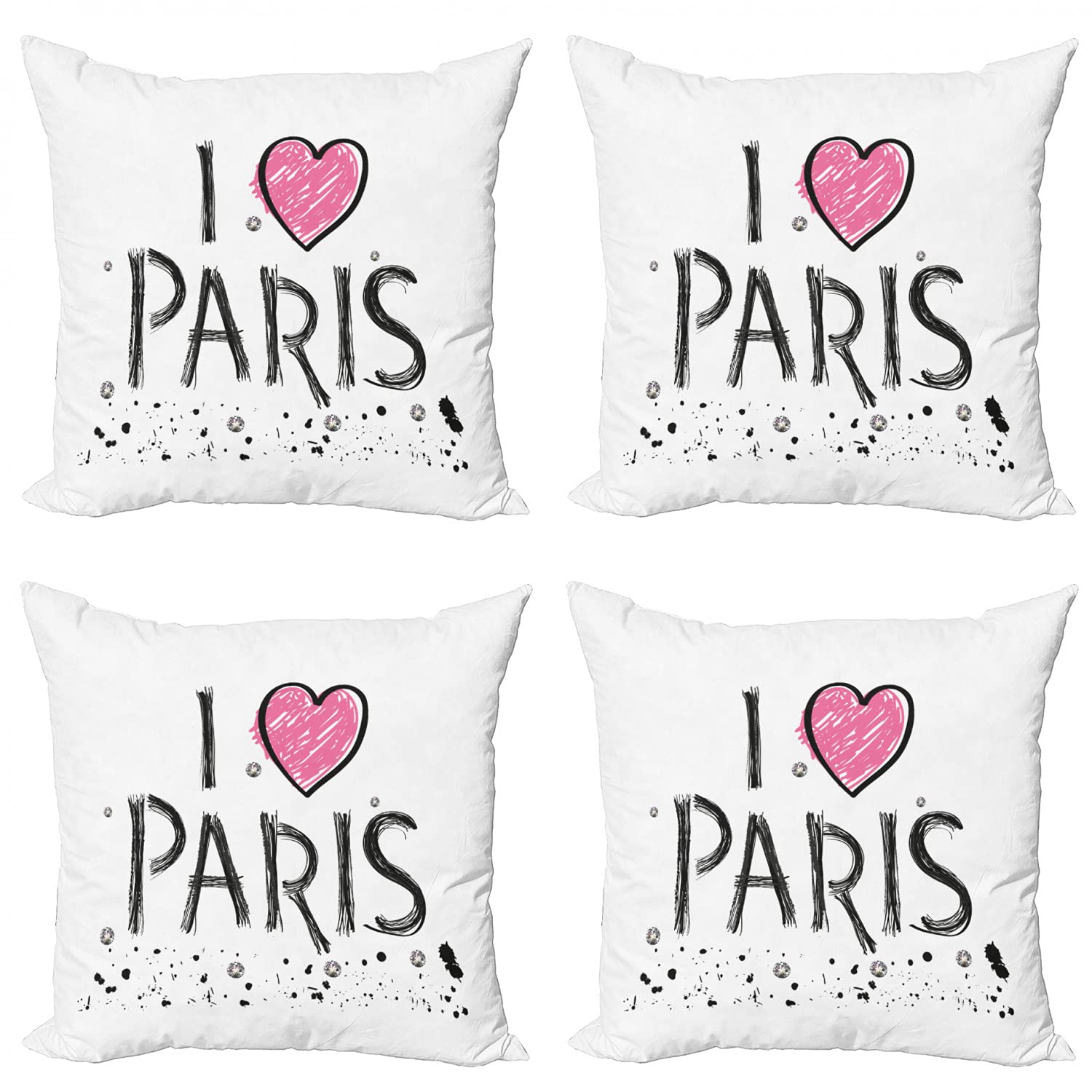Ambesonne Paris-Themed Throw Pillow Covers Set of 4 - Eiffel Tower Design with Hand-Drawn 'I Love Paris' Text & Artistic Paint Splatter in Pink & Charcoal Grey | 18 Inch Square Decorative Cushion Covers for Living Room, Bedroom & Sofa Decor