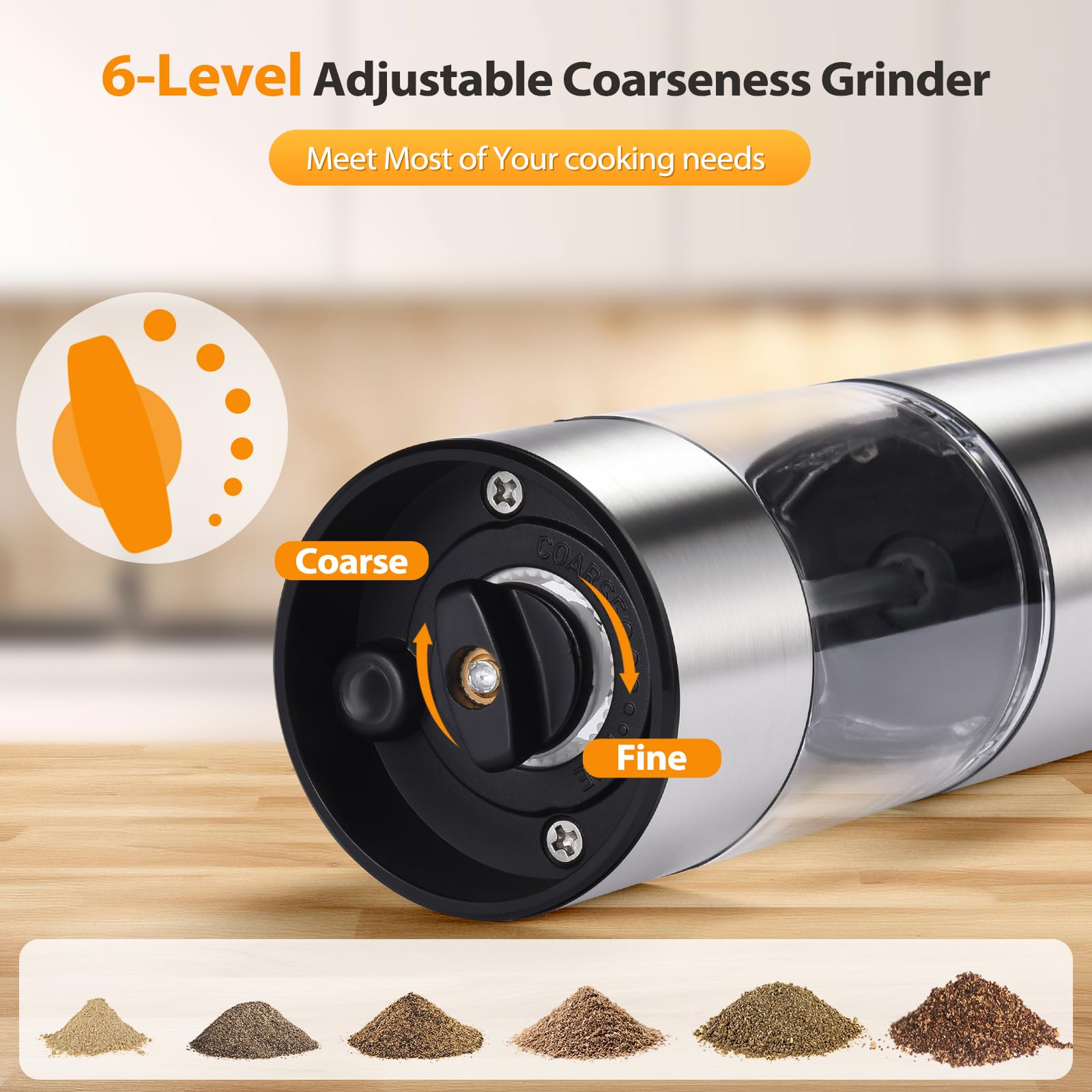 Upgraded Rechargeable Electric Salt and Pepper Grinder Set - 2 Pack Stainless Steel Mills with LED Light, Adjustable Coarseness & One-Hand Operation - Large Capacity Spice Grinders with Storage Base - Perfect for Kitchen, Dining Table, Camping & Gifts (Silver)