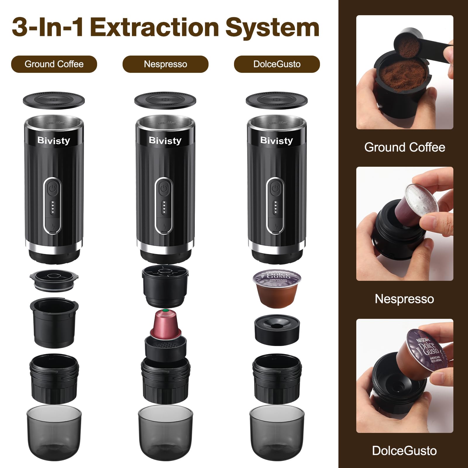 Portable Electric Espresso Maker with USB-C - Self-Heating Travel & Camping Coffee Machine - Compatible with Nespresso & Dolce Gusto Ground Coffee - Perfect for RV, Outdoor Adventures, Office & Home Use (Black)