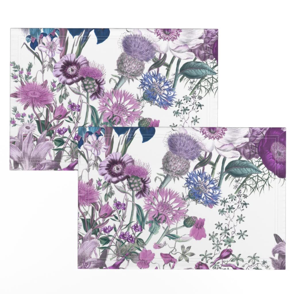 Premium Linen Cotton Canvas Placemats Set of 2 - White Lilac Lavender Floral Botanical Spring Design for Dining Table Decor, Kitchen, Party & Home Decor