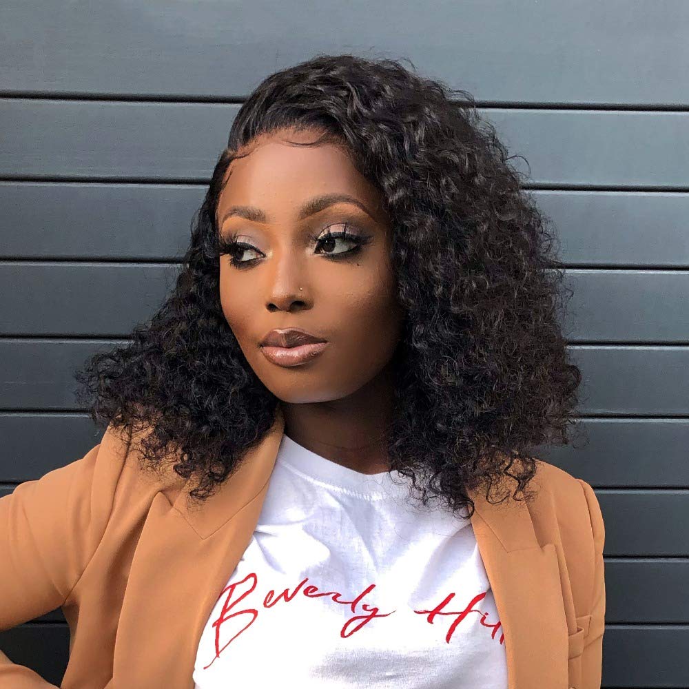 13x4 Lace Front Wig Human Hair - Kinky Curly Brazilian Virgin Hair with Pre Plucked Bleached Knots, 1B Off Black Color, Medium Cap Size, No Shedding (10 Inch) - Perfect for Daily Wear, Parties, Cosplay & Special Occasions