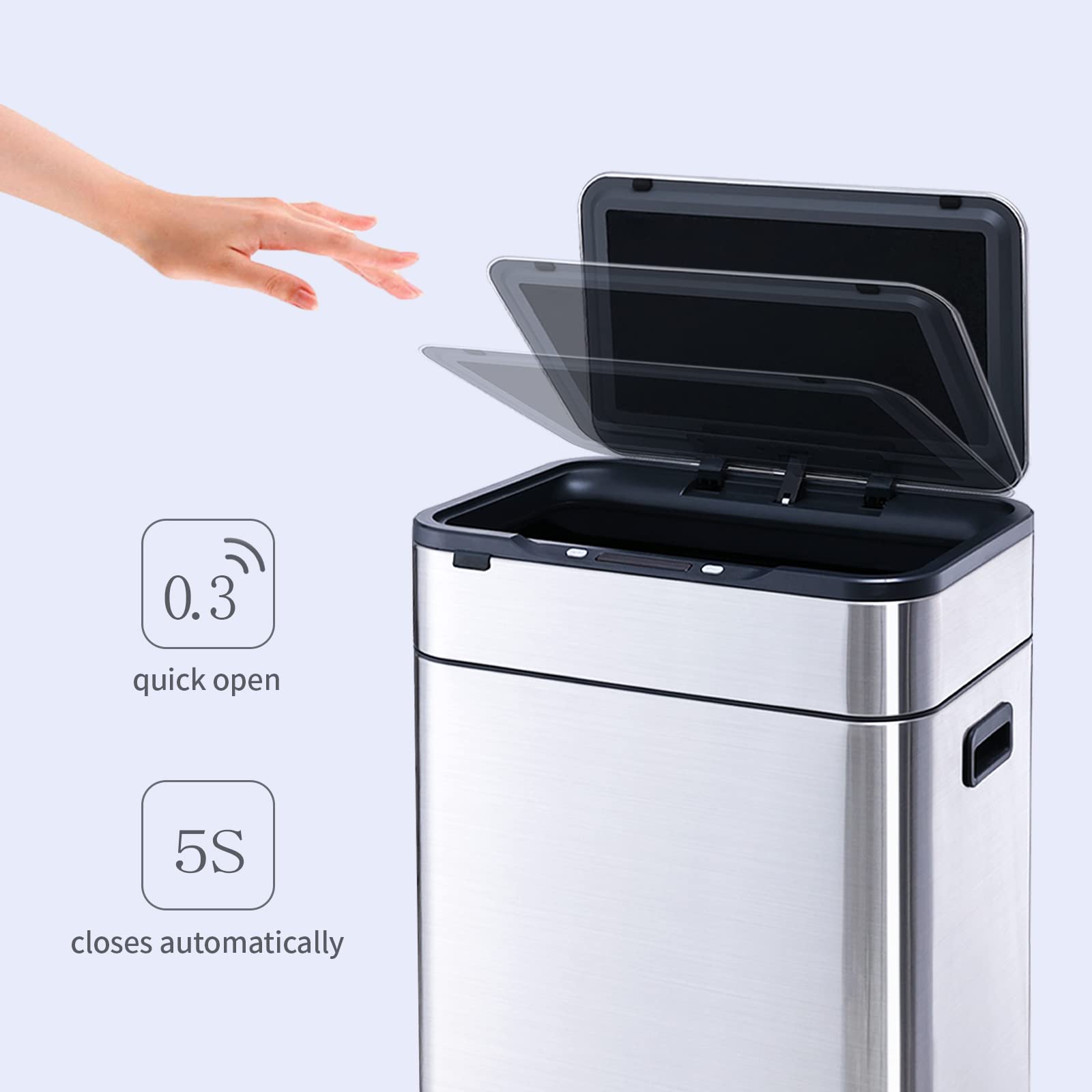 ELPHECO 12 Gallon Stainless Steel Motion Sensor Trash Can - Brushed Metal, No Inner Bucket, Large Capacity with Wooden Legs for Modern Kitchen & Office Use