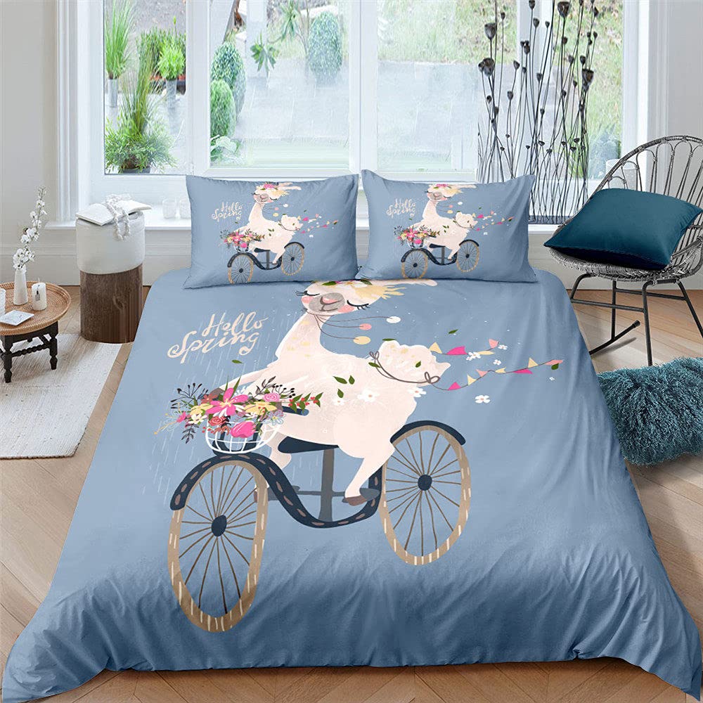 **YJDCX Full Size Duvet Cover - Cute Alpaca Print Cartoon Bedding Set for Kids & Adults, Blue Comforter Cover (King 102