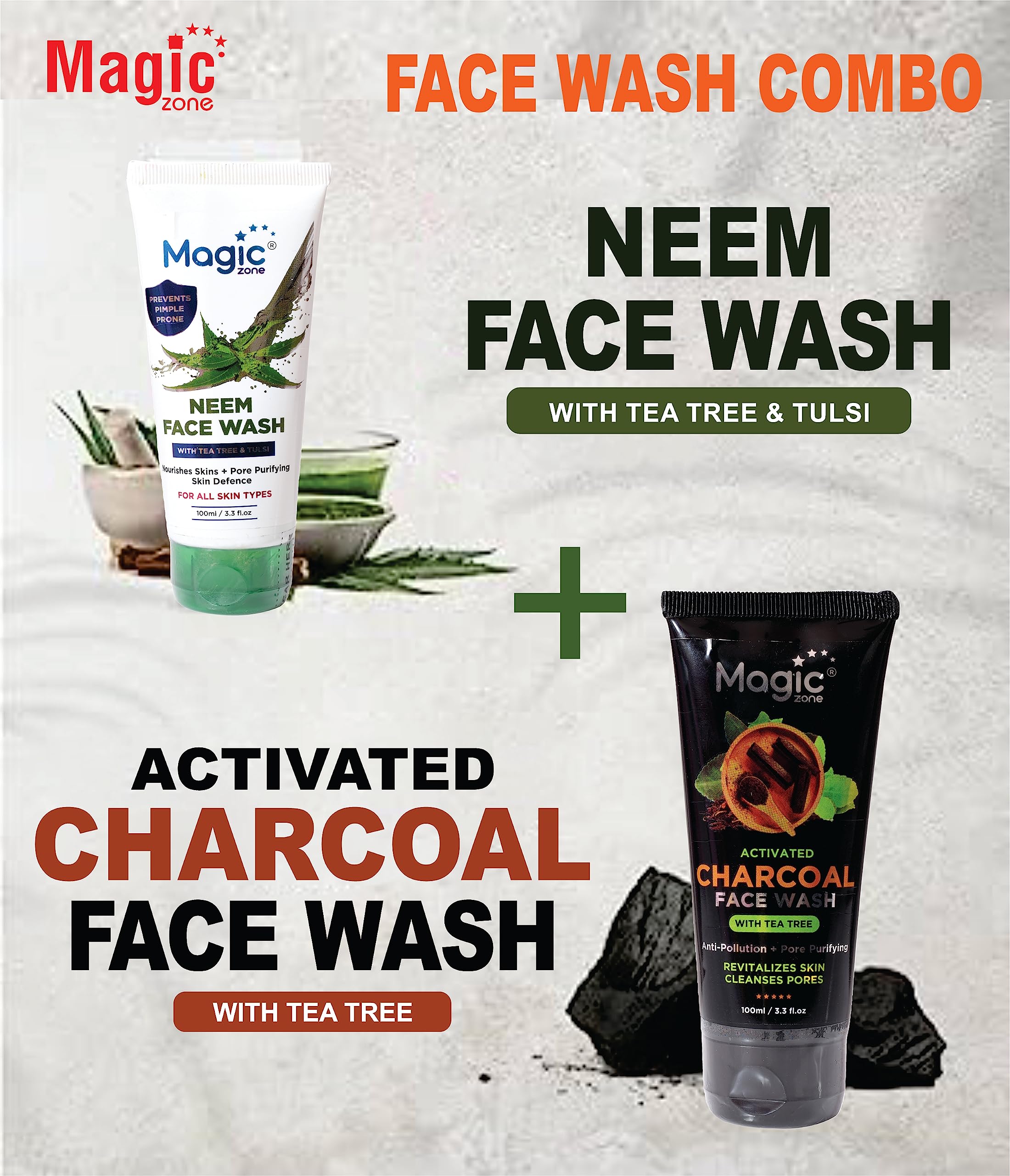 Activated Charcoal & Neem Face Wash Combo Pack (100ml Each) - Deep Cleansing, Pimple & Blackhead Treatment, Oil Control for Clear Skin | Perfect for Daily Skincare Routine & Acne-Prone Skin