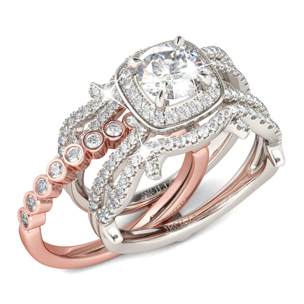 Jeulia Two Tone Interchangeable Rose Gold Plated Engagement Ring Set - Halo Round Cut Twisted Bridal Rings in Sterling Silver for Wedding, Anniversary & Promise - Perfect for Proposals, Bridal Jewelry & Romantic Gifts