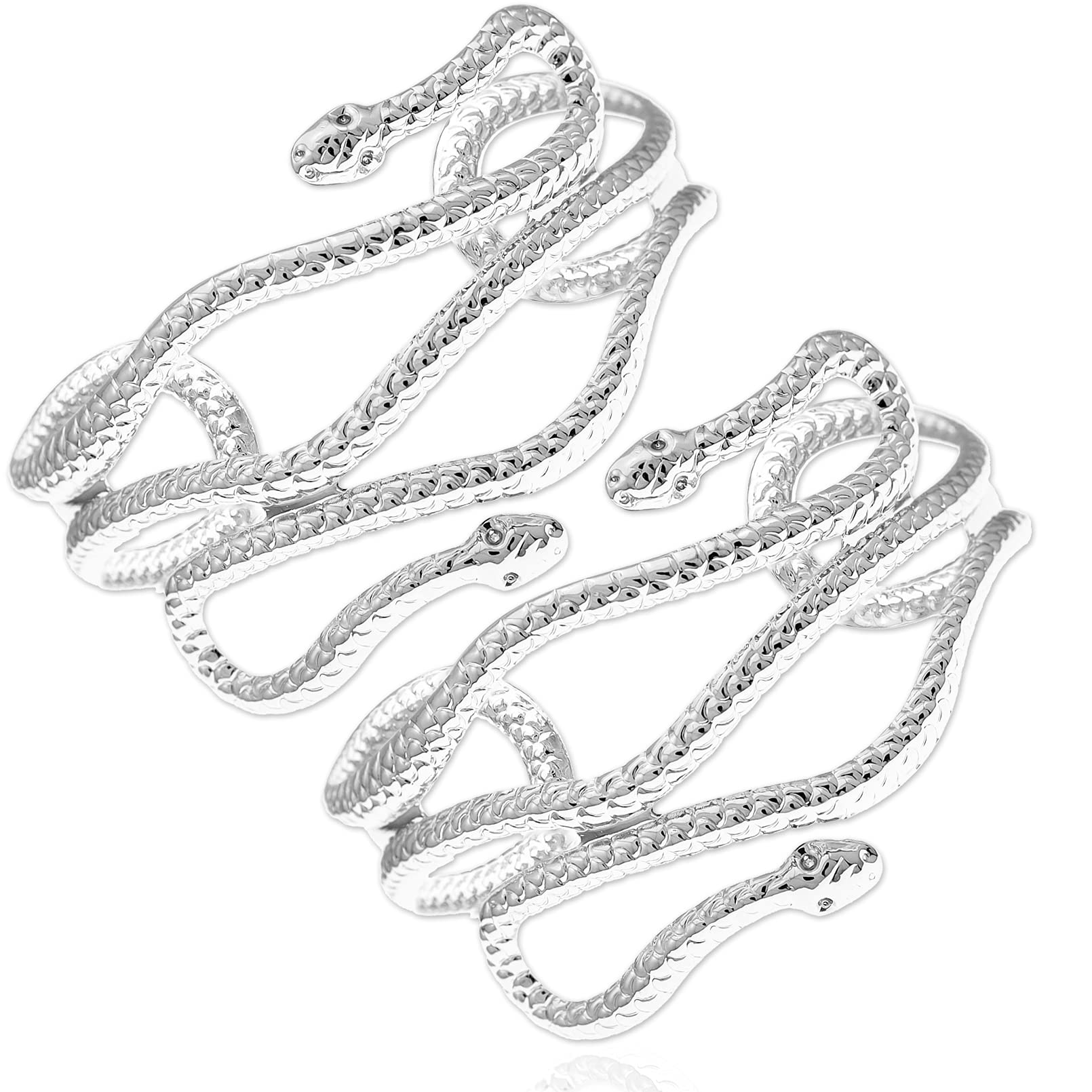 RechicGu 2-Piece Cleopatra Goddess Snake Arm Cuff Set - Adjustable Metal Cobra Bangle Bracelet, Greek Egyptian Style Silver Armlet for Costume & Cosplay - Perfect for Halloween, Themed Parties and Historical Reenactments