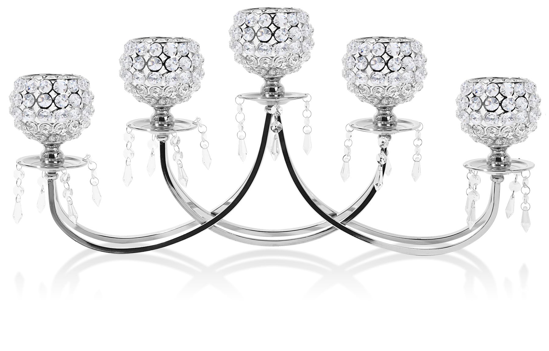 Large 5-Arm Silver Crystal Beaded Candelabra - Elegant Tea Light Candle Holder for Weddings, Dining Tables & Christmas Decor | Perfect Centerpiece for Home, Party & Holiday Decorations