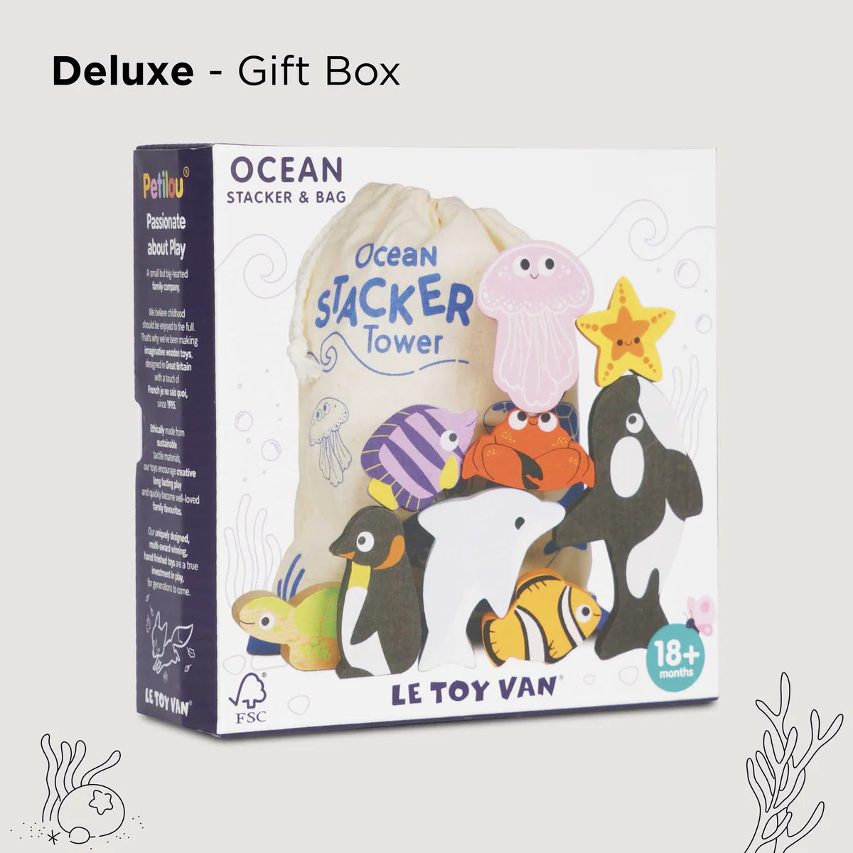Le Toy Van Petilou Ocean Stacking Animals & Storage Bag – Wooden Stacking Toy for Toddlers, Educational Montessori Toys for Kids – Perfect for Beach, Bath Time & Nursery Play