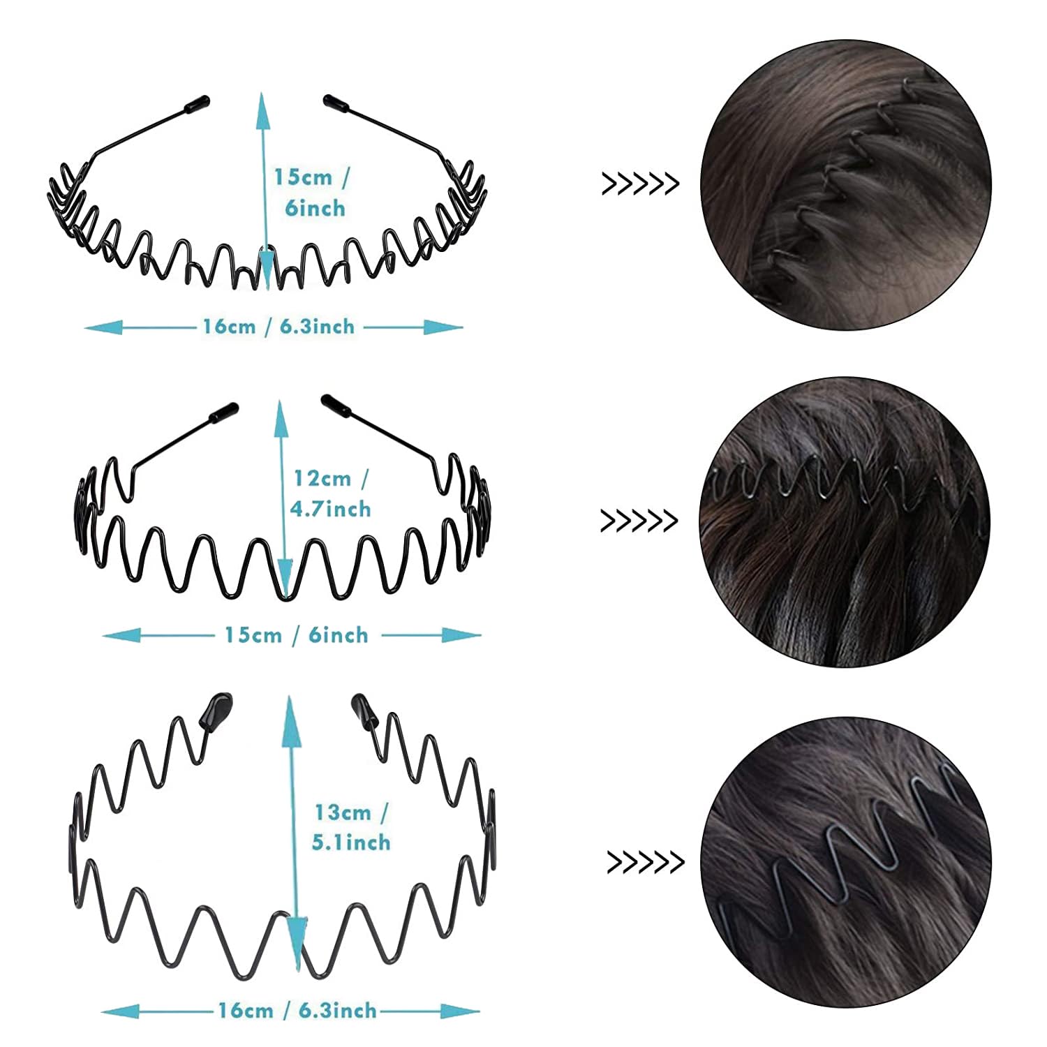 Premium Metal Sport Headbands for Men & Women - Non-Slip Wavy Hair Bands for Long Hair - Elastic Unisex Fitness Headwear (3 Pack) - Perfect for Running, Yoga, Gym & Outdoor Sports