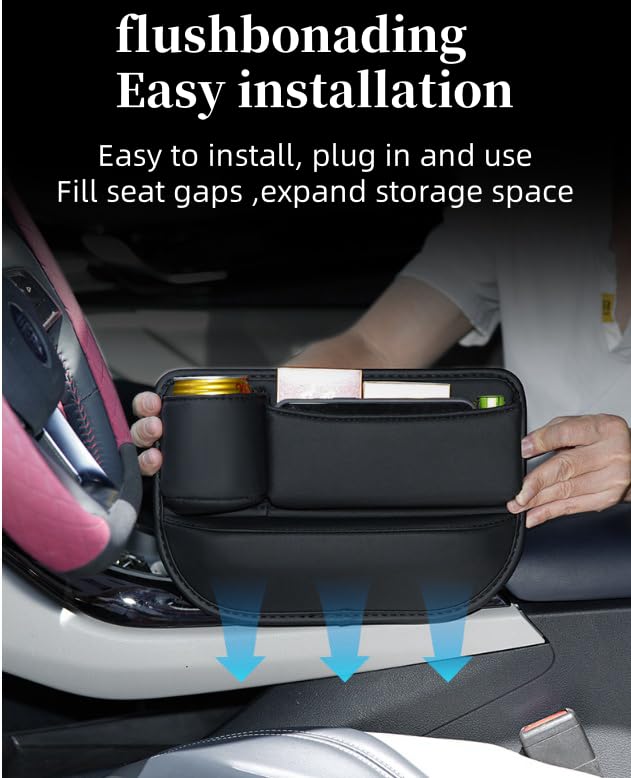 Premium Leather Car Seat Gap Organizer with Cup Holder - Multi-Functional Storage Box for Keys, Phones & Small Items - Perfect for Driver Side Organization (Black) - Ideal for Road Trips, Commuting & Daily Car Storage Needs