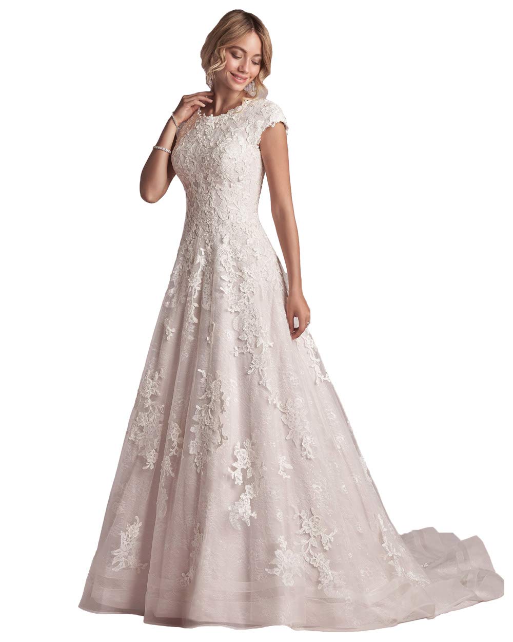 Elegant A-Line Modest Wedding Dress with Jewel Neck, Cap Sleeves & Lace Detailing | Long Train Bridal Gown in White (Size 6) | Perfect for Church, Beach or Garden Weddings