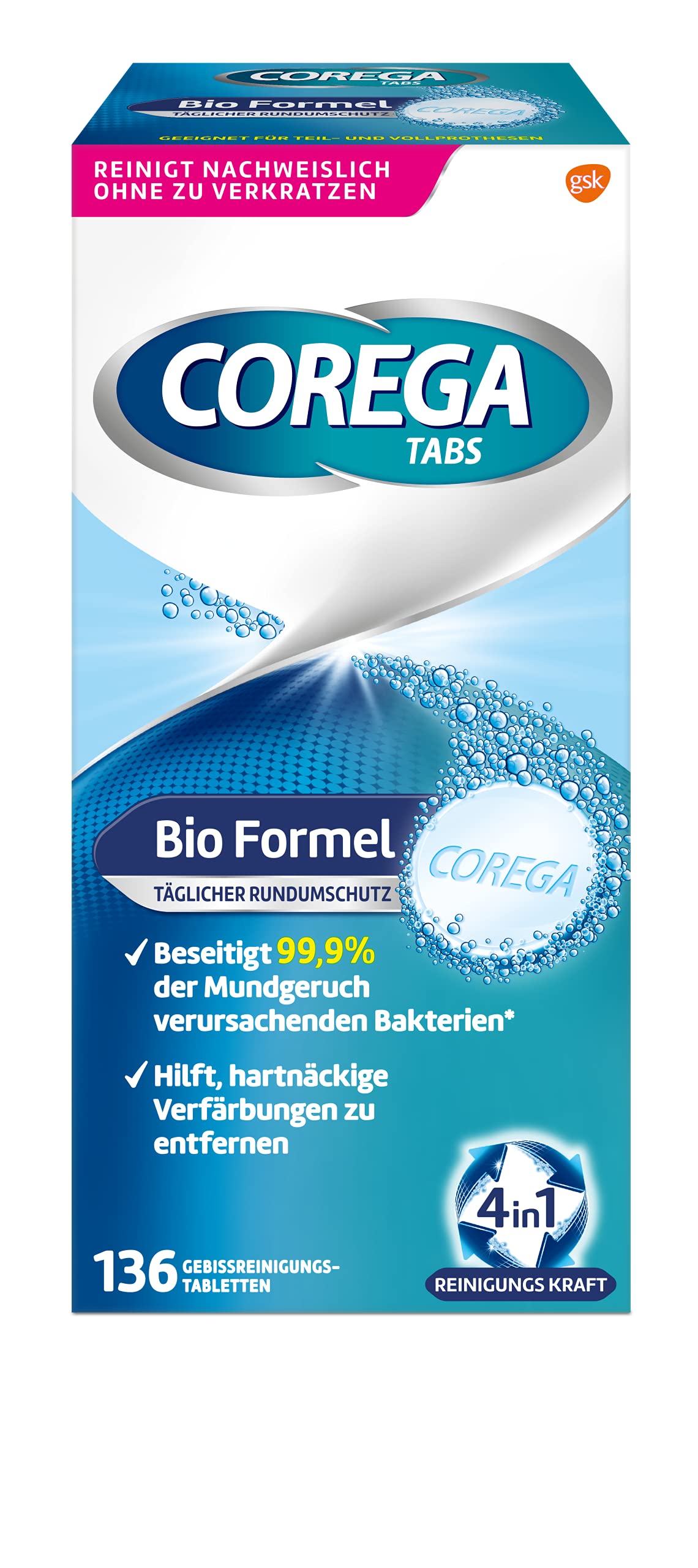 Corega Denture Cleansing Tablets - Bio Formula for Removable Dentures & Third Teeth - 136ml - Freshens & Cleans Dentures Overnight for Daily Oral Hygiene