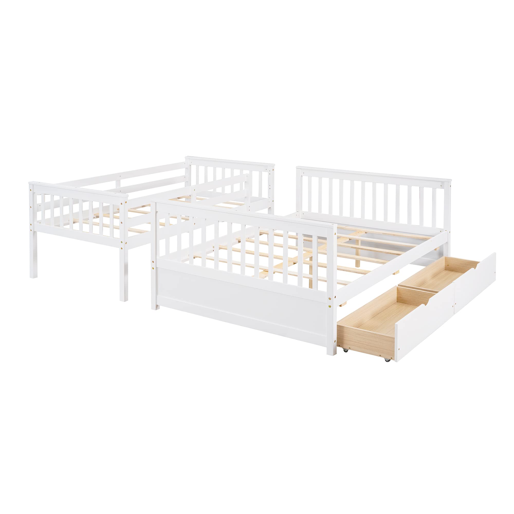 Twin Over Full Bunk Bed with 2 Storage Drawers - Solid Wood Bunk Bed Frame with Guardrails & Ladder for Kids, Teens & Adults - No Box Spring Needed - White - Perfect for Small Bedrooms, Guest Rooms & Vacation Homes