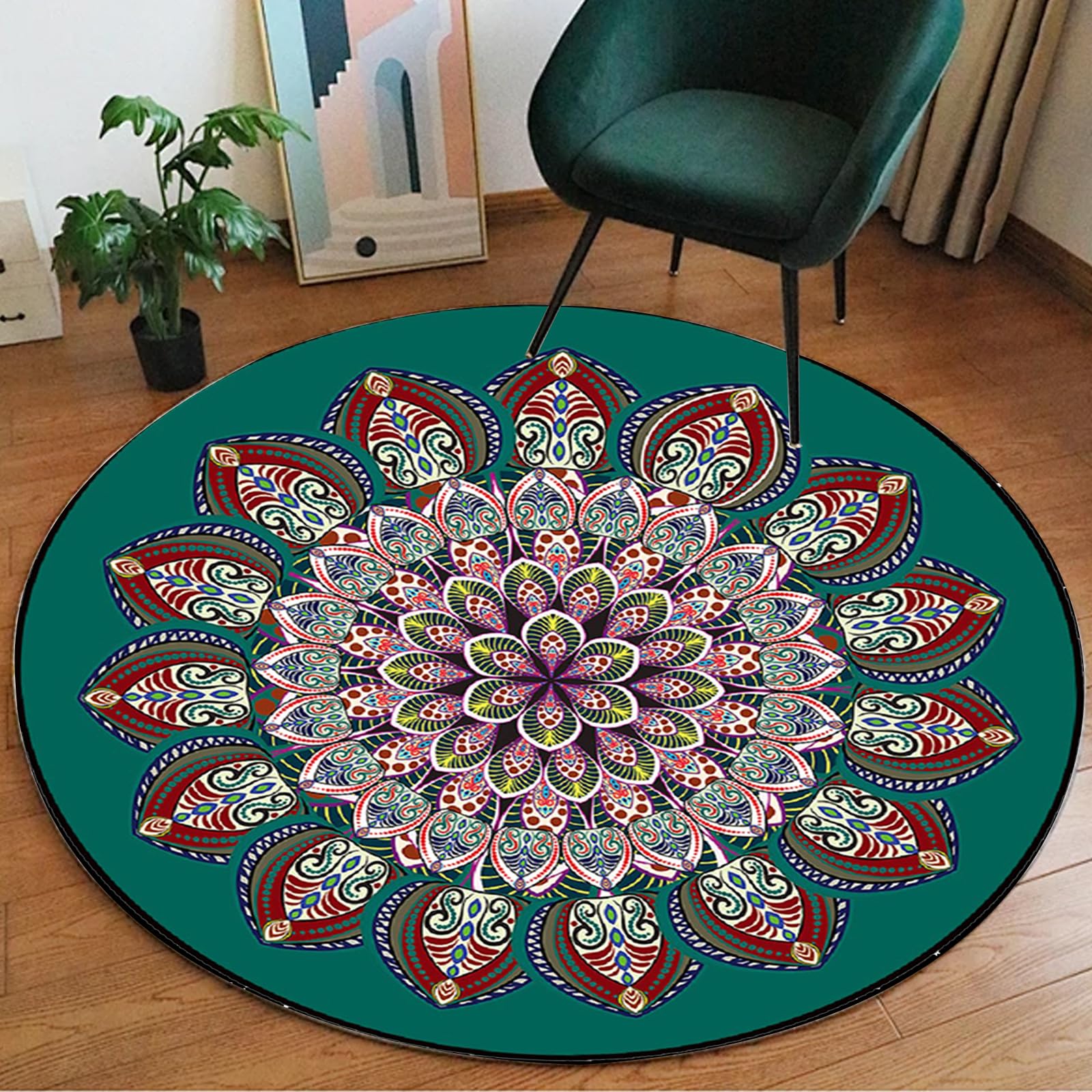 Large Boho Round Area Rug - Bohemian Mandala Circle Floor Mat, Washable Indoor Green Carpet for Living Room, Bedroom, Sofa & Nursery Decor | Perfect for Boho Chic, Modern & Eclectic Home Styling